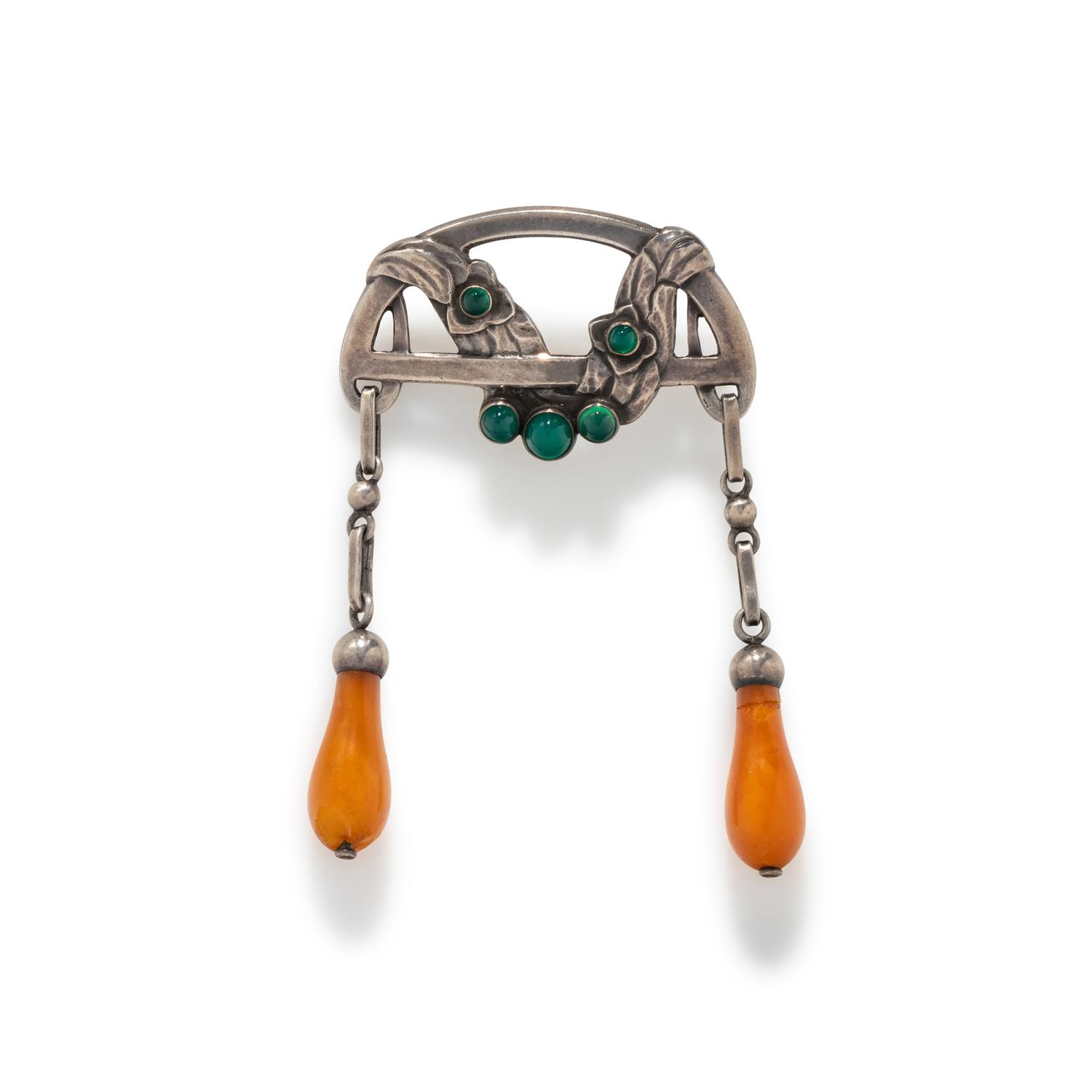 GEORG JENSEN, SILVER, AGATE AND AMBER BROOCH