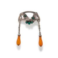 GEORG JENSEN, SILVER, AGATE AND AMBER BROOCH