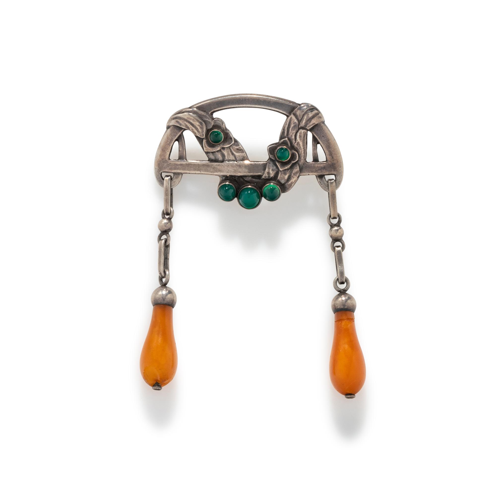 GEORG JENSEN, SILVER, AGATE AND AMBER BROOCH