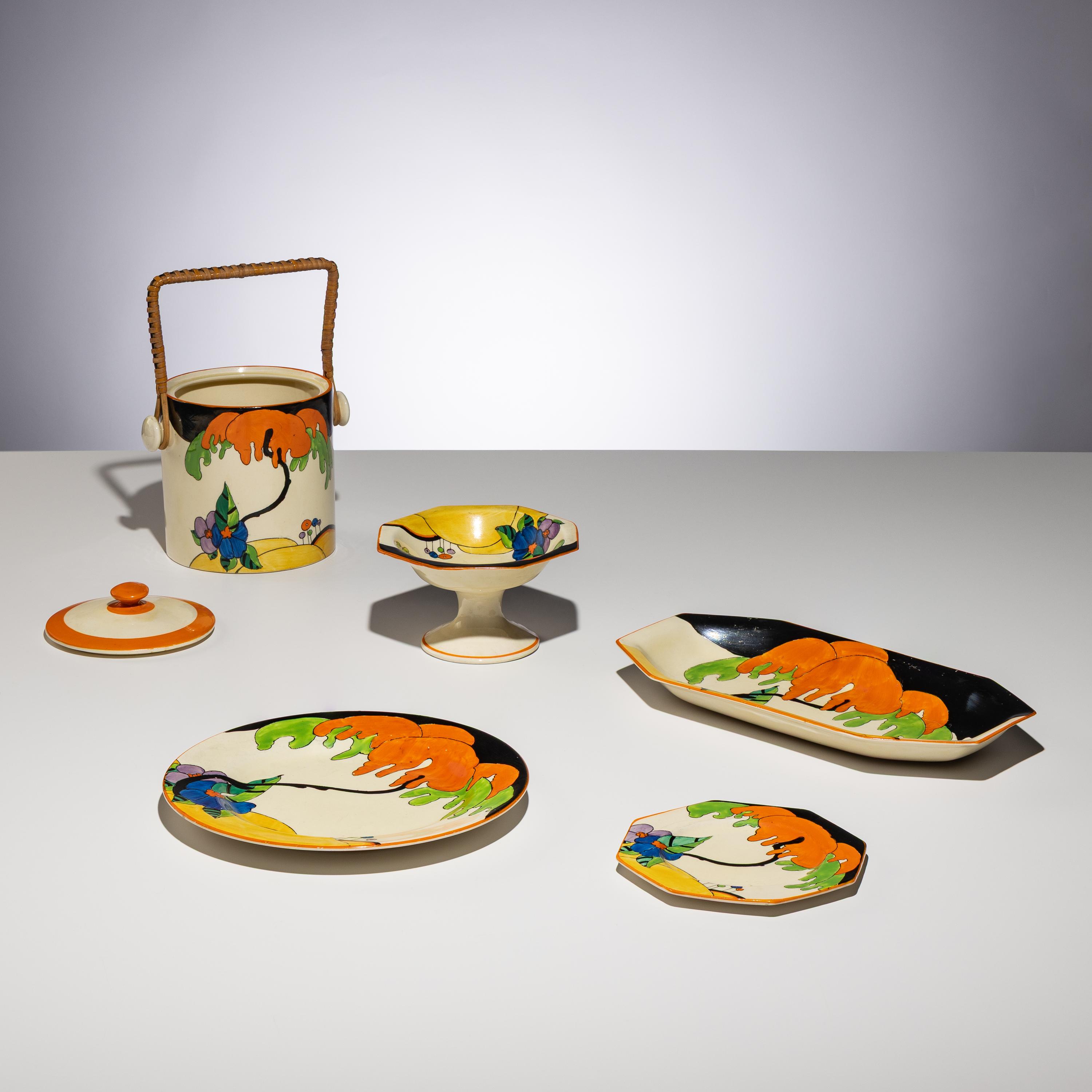 Clarice Cliff (English, 1899–1972) — Woodland pattern, 5 pieces