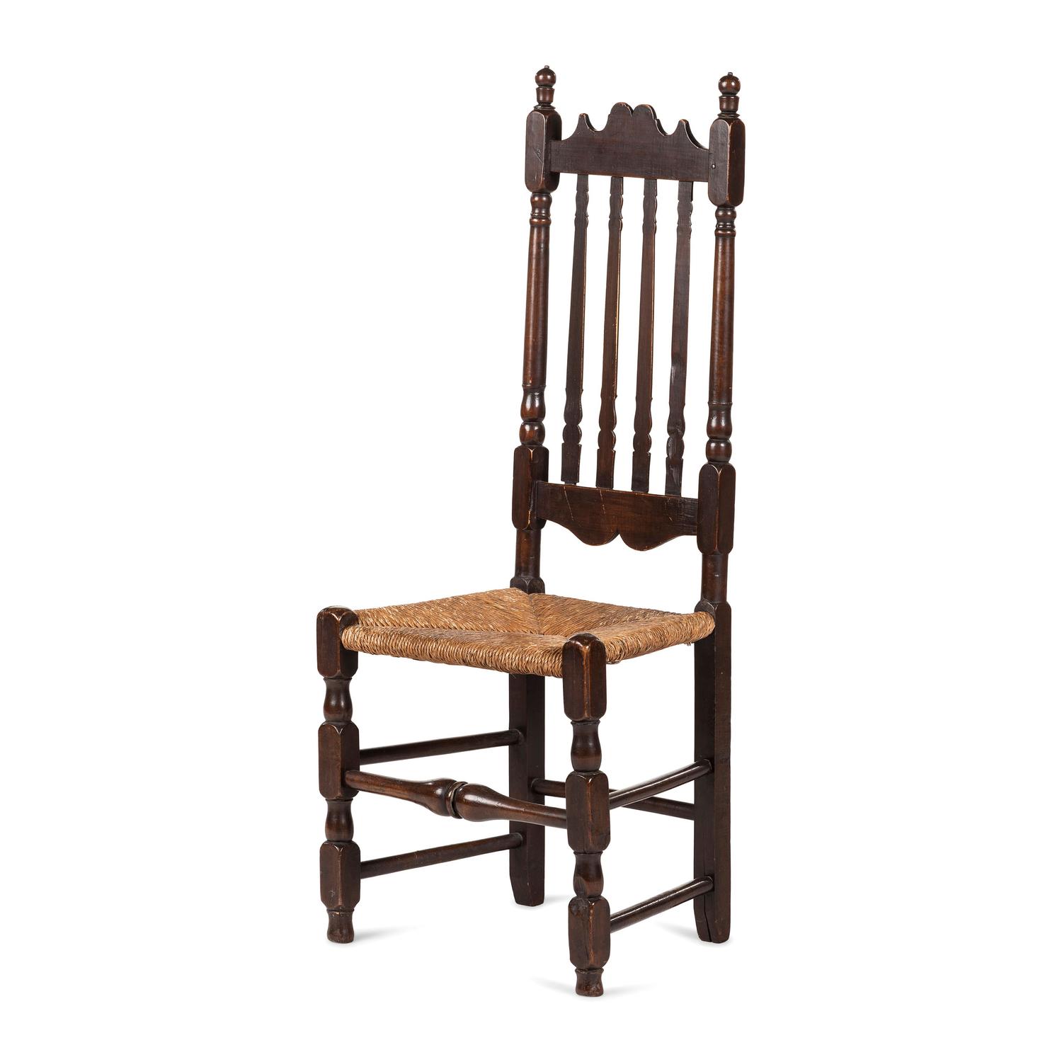 A William and Mary Turned and Carved Maple Bannister Back Rush-Seat Side Chair