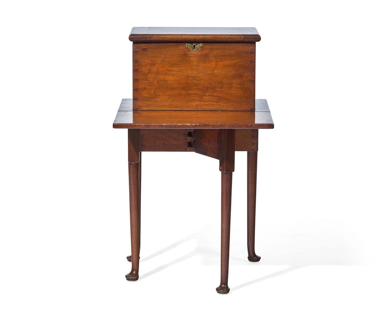 A Queen Anne Walnut Bottle Case on Stand with Drop Leaf