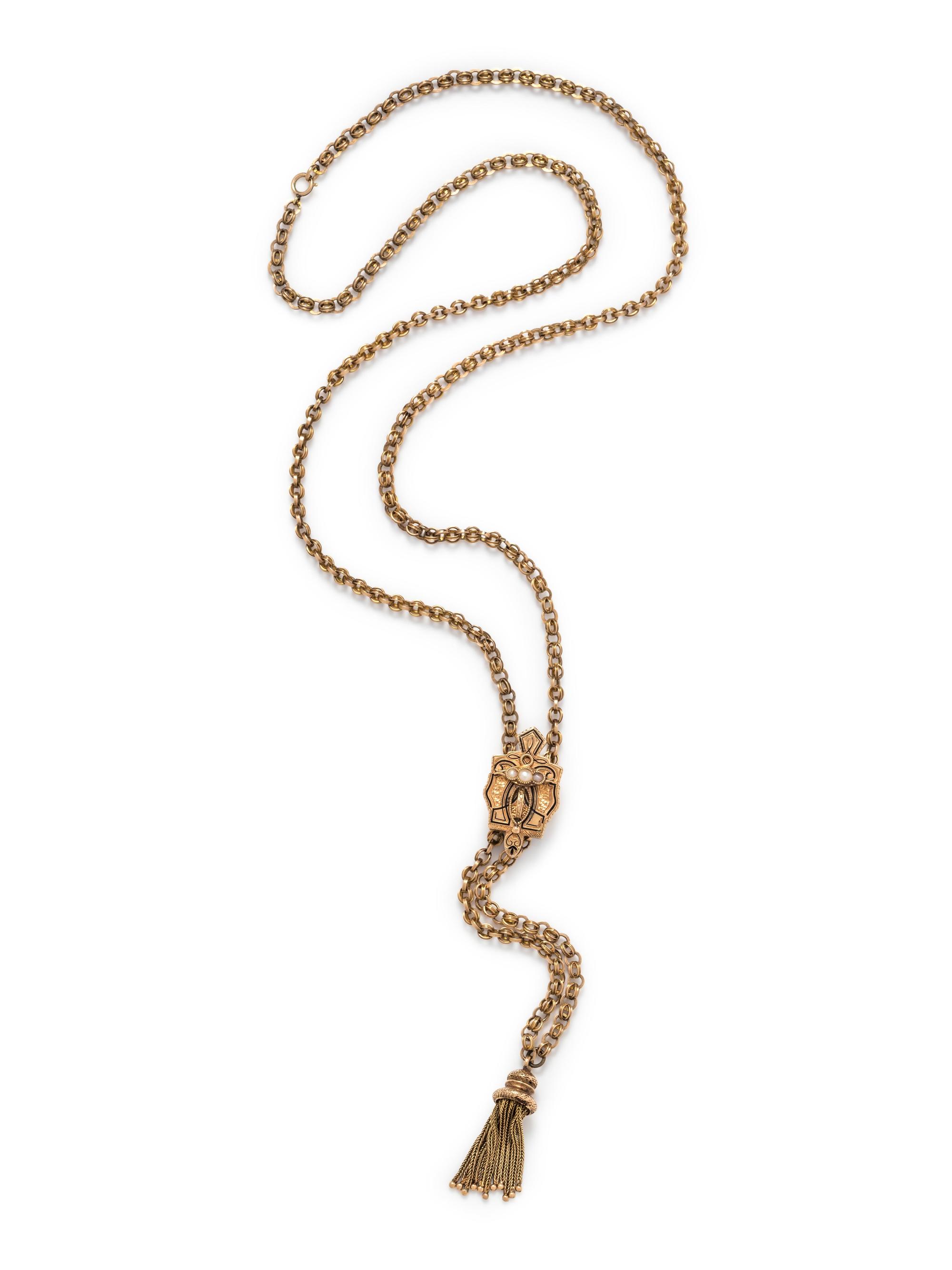 Victorian, Seed Pearl and Enamel Longchain and Slide Necklace