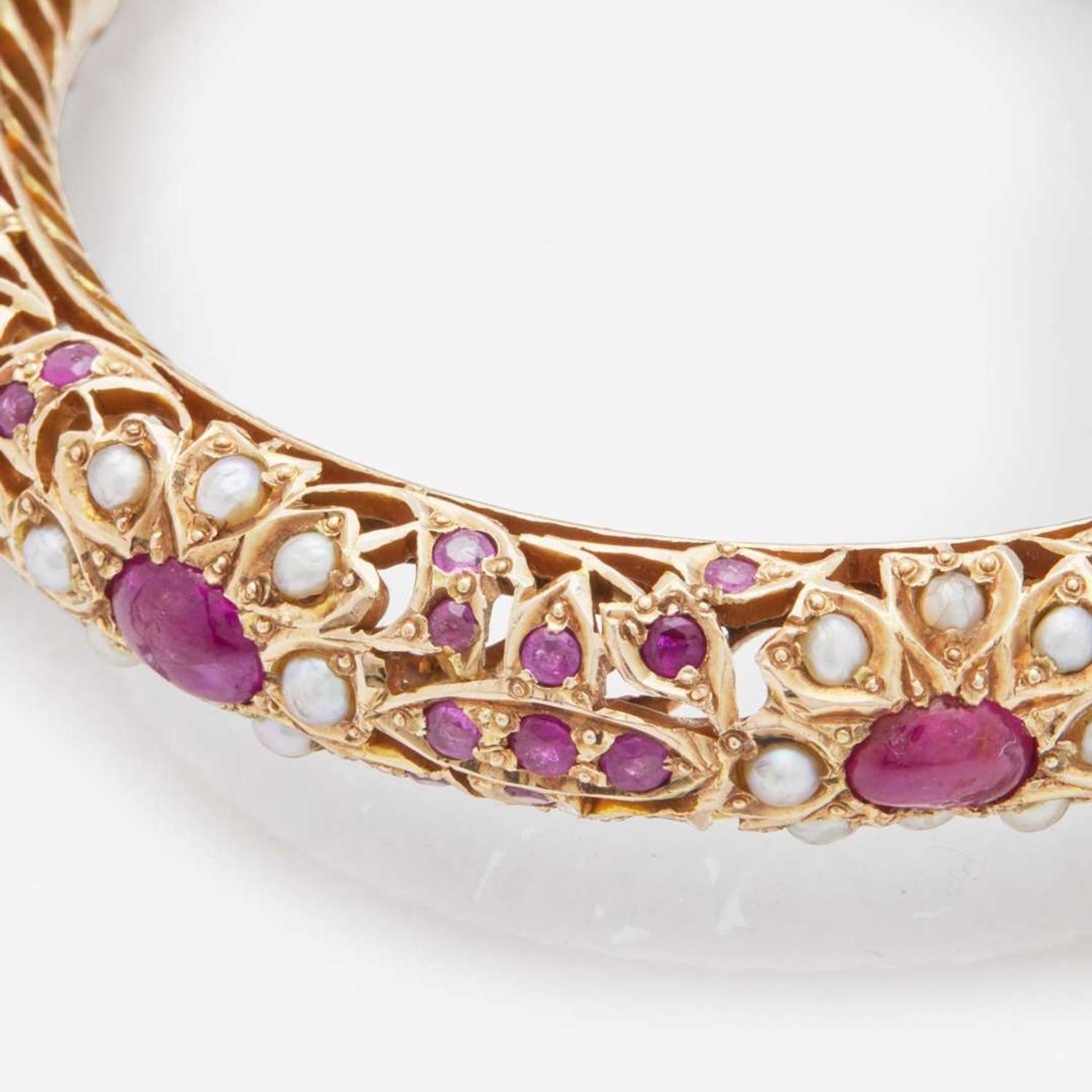 A 14K Yellow Gold, Pearl, and Ruby Bracelet