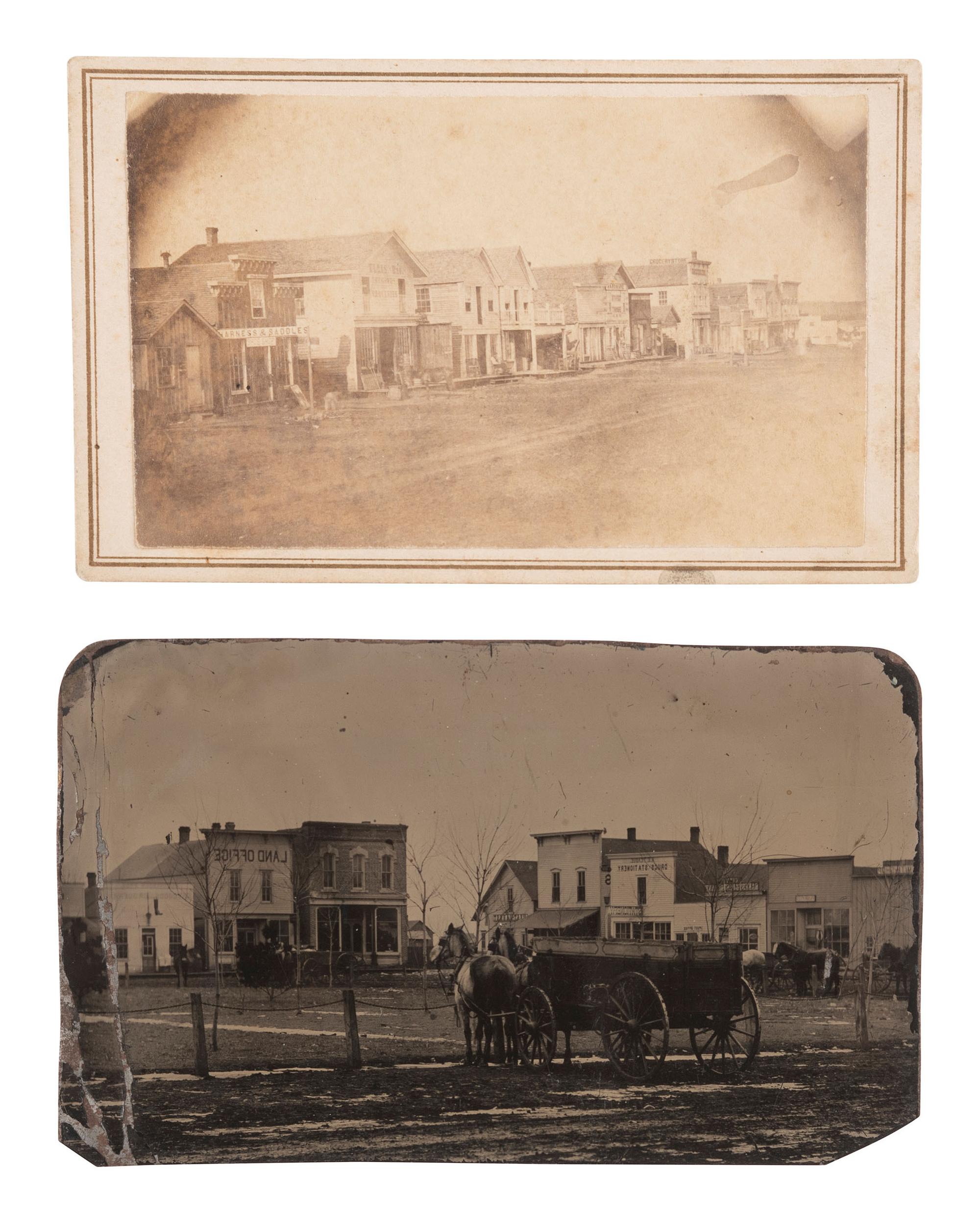 [EARLY PHOTOG.] CDV & tintype street views of Iowa and Kansas, incl. war-date CDV of Mound City, KS.