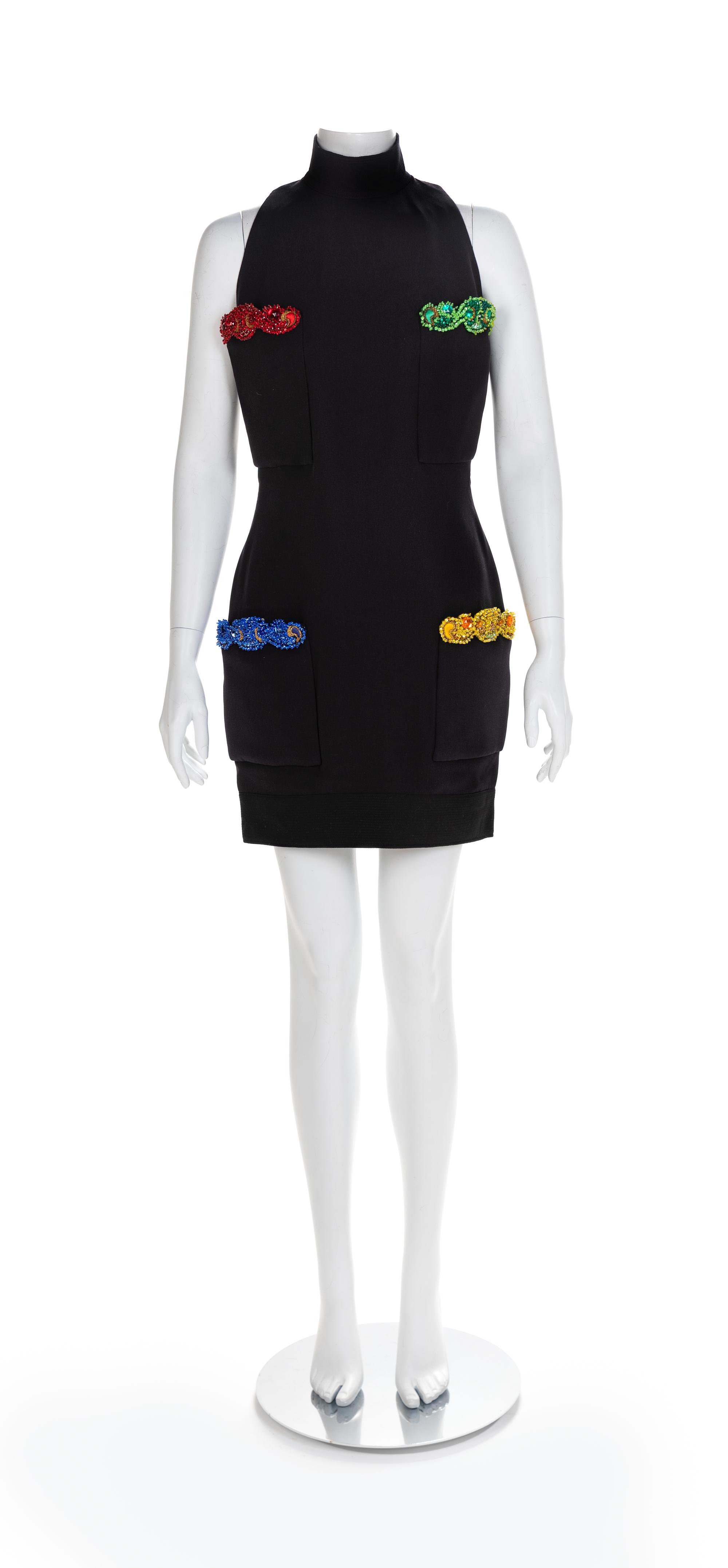 Atelier Versace Black Silk Dress with Embroidered Pockets, 1990s No size label