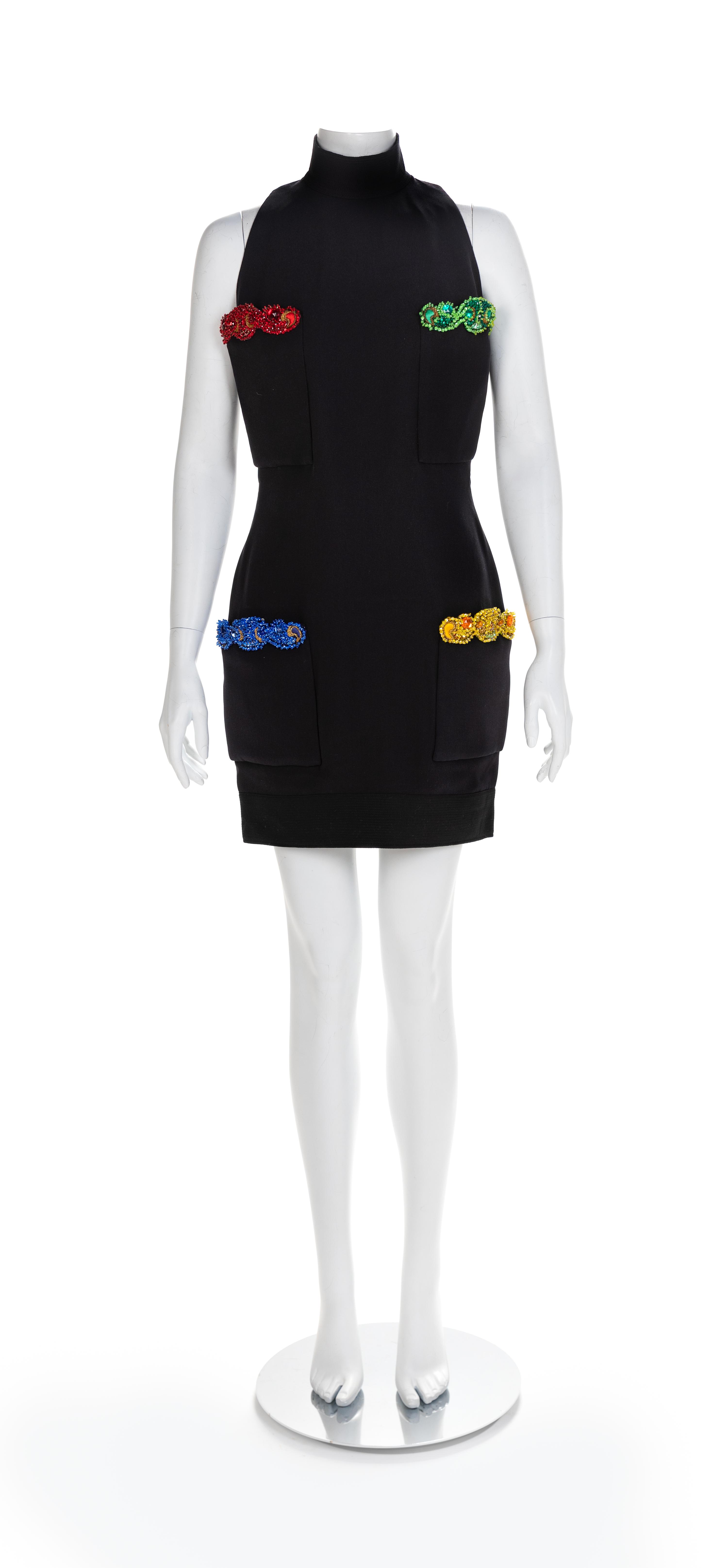 Atelier Versace Black Silk Dress with Embroidered Pockets, 1990s No size label