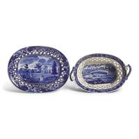 A Group of Staffordshire Historical Blue Upper Ferry Bridge Over the River Schuylkill River Transferware, Joseph Stubbs, Burslem, 1790-1829