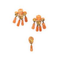 COLLECTION OF CARVED CORAL AND YELLOW GOLD JEWELRY