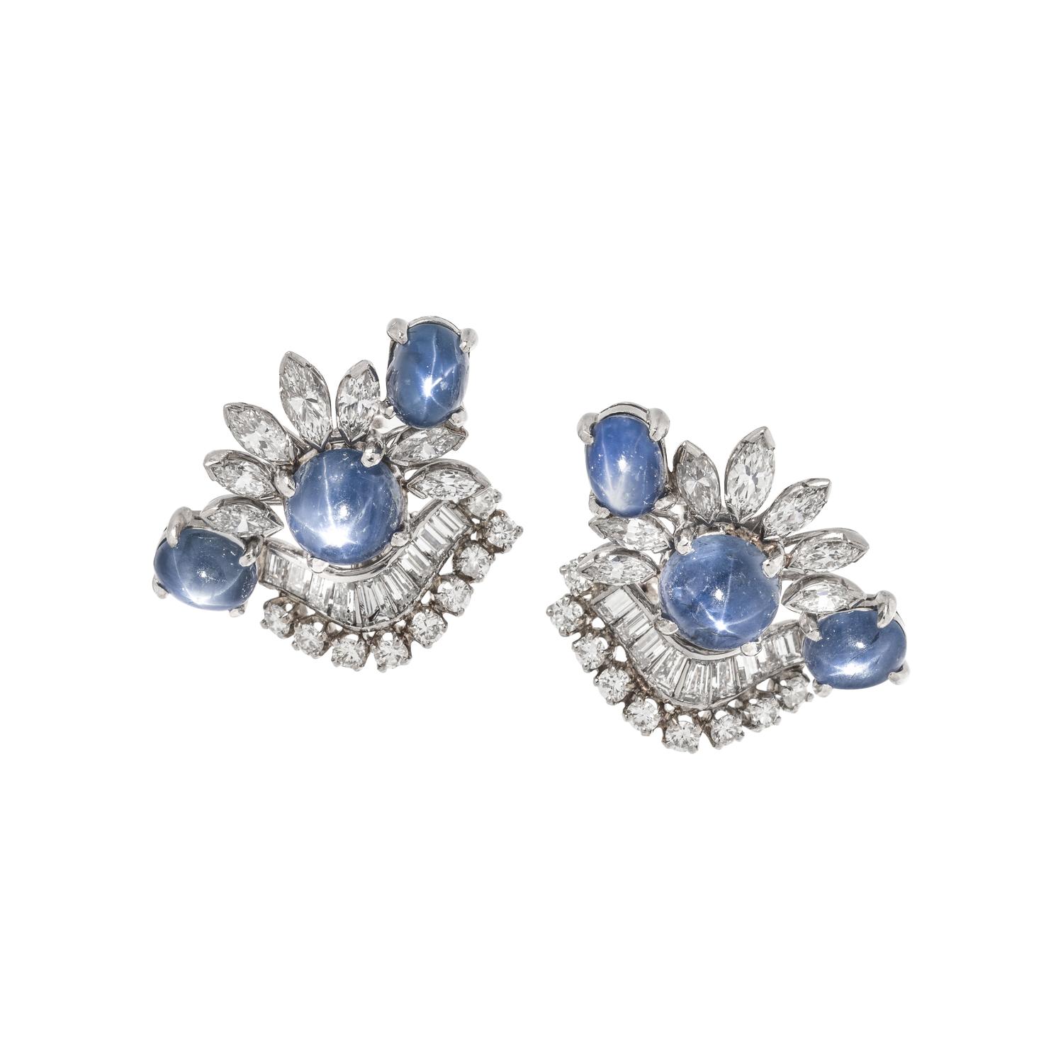 STAR SAPPHIRE AND DIAMOND EARCLIPS
