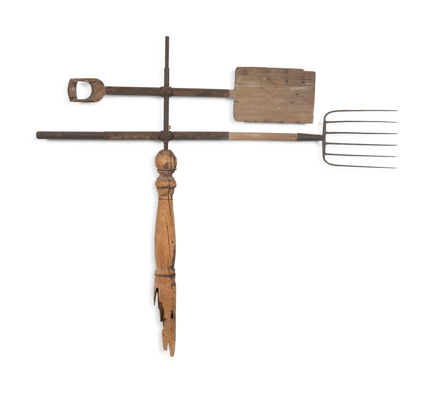 A Rare, Vernacular Carved Pine and Wrought Iron Apple Shovel and Pitchfork Weathervane