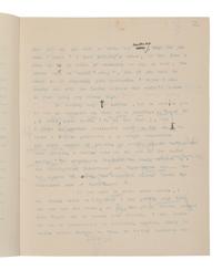[LAWRENCE, T. E.]. --POUND, Ezra (1885-1972). Typed letter signed ("Ezra Pound") with five-line autograph postscript and emendations in text, to T.E. Lawrence ("My Dear Hadji ben Abt el Bakshish, Prince de Mecque, Two-Sworded Samurai, Old Bird, Young Bird, Magister Artium, etc."), 5 Holland Place Chambers, Kensington, 20 April 1920. 3 pages, 4to. Provenance : Sotheby’s, 20 July 1981, lot 262, purchased by Harry Spiro; Spiro Family Collection, sold Christie’s New York, 26 Feb 2004, lot 73.