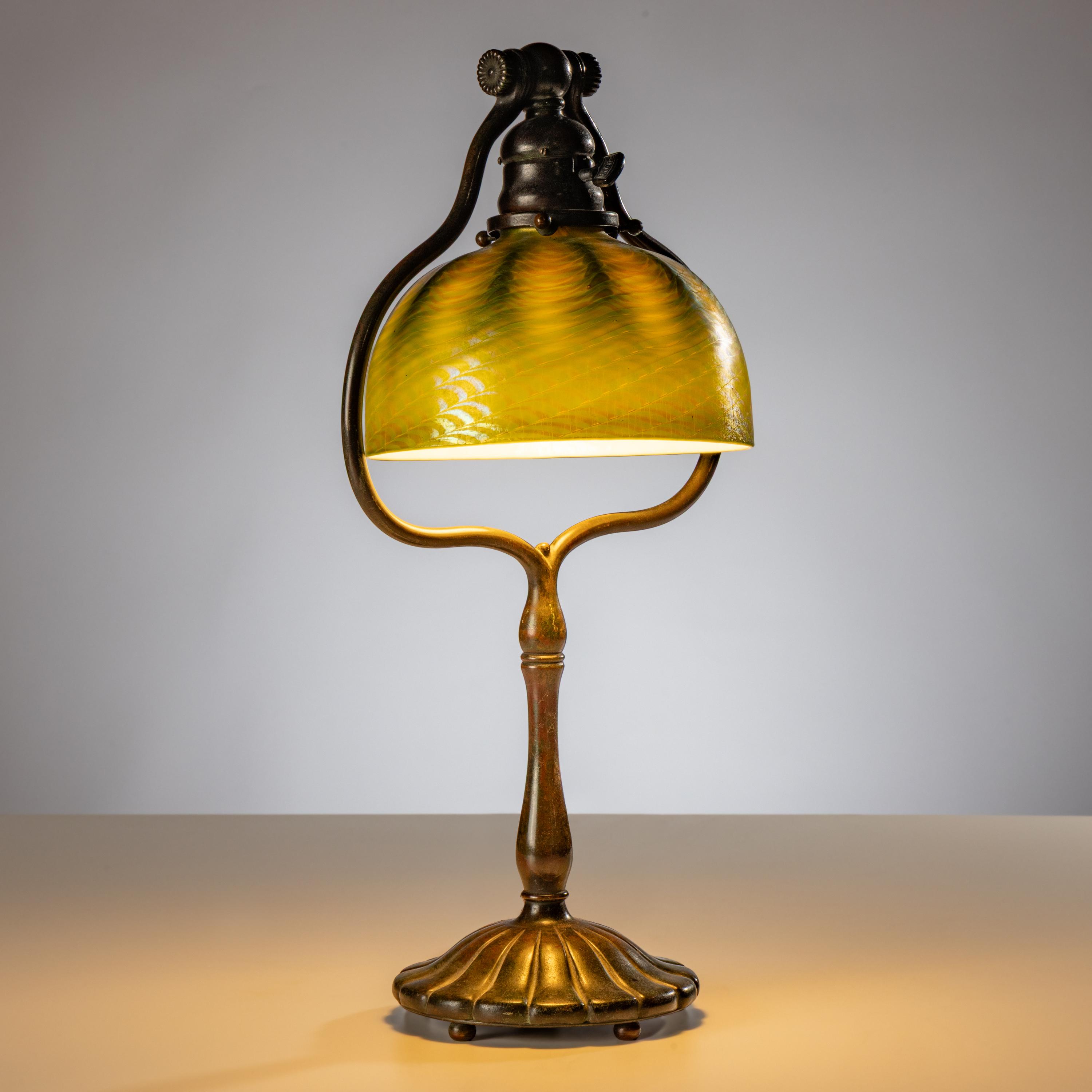 Tiffany Studios New York (American, 1880–1930) — Harp Table Lamp with Damascene Favrile shade, c. 1910