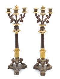A Pair of Louis Philippe Style Gilt and Patinated Bronze Three-Light Candelabra Height 20 inches. — LATE 19TH CENTURY