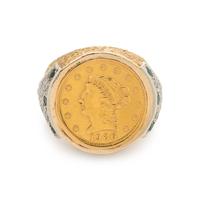 BICOLOR GOLD, US $2.50 LIBERTY COIN, DIAMOND AND EMERALD RING