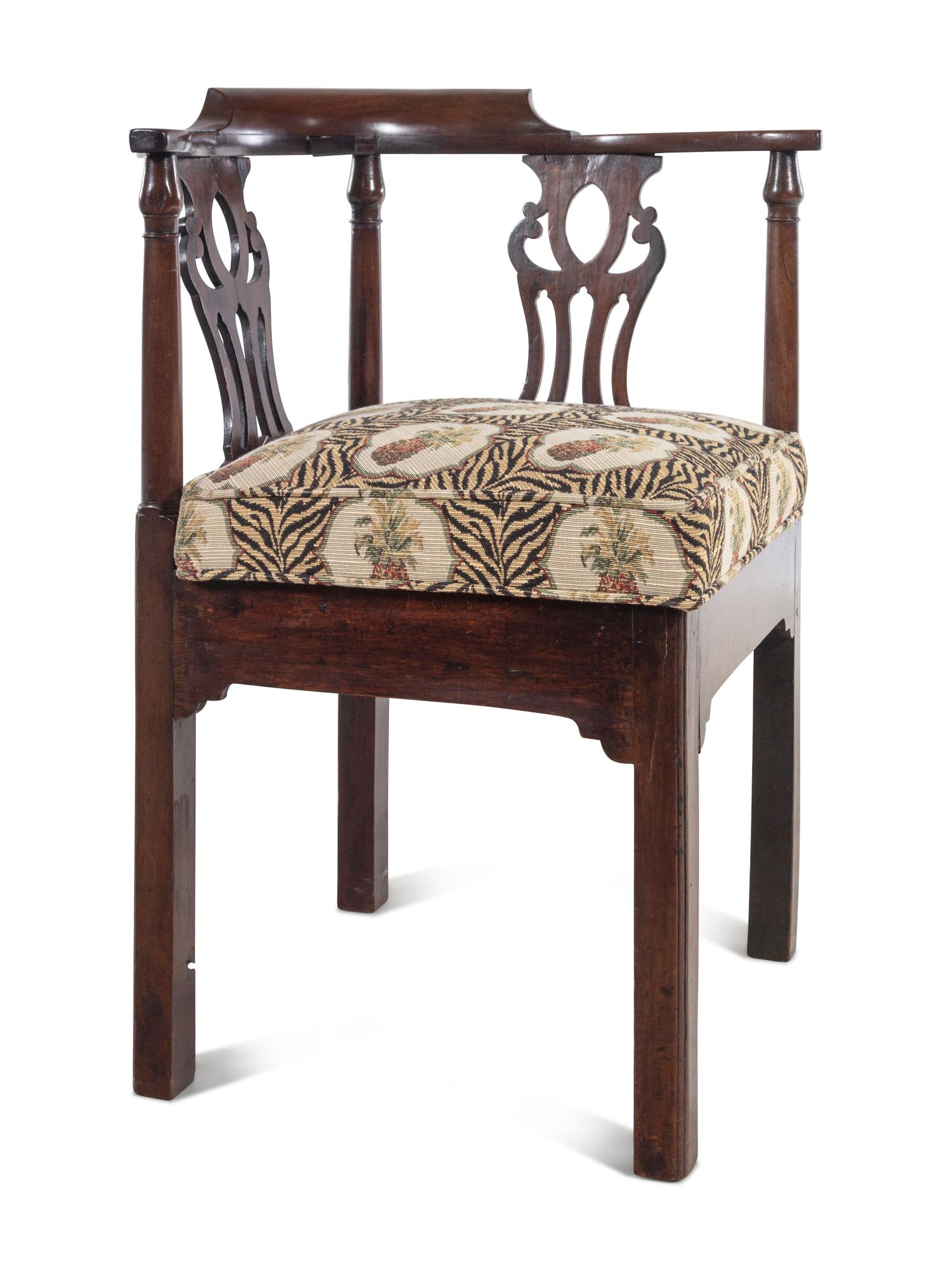 An Edwardian Boxwood-Strung Mahogany Corner Chair and a Similar Mahogany Corner Chair