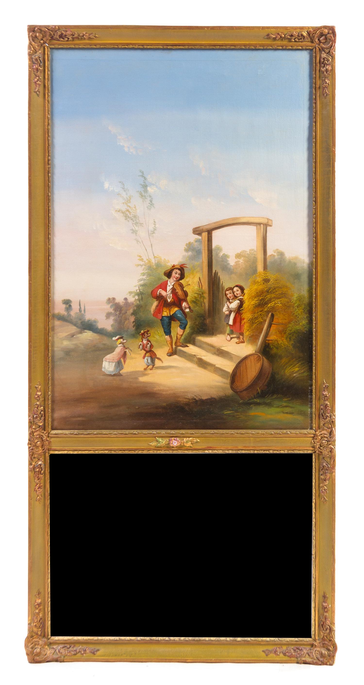 A Continental Trumeau Mirror, Height 60 x width 28 1/2 inches.