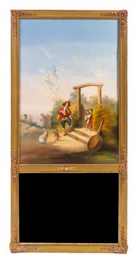 A Continental Trumeau Mirror, Height 60 x width 28 1/2 inches.