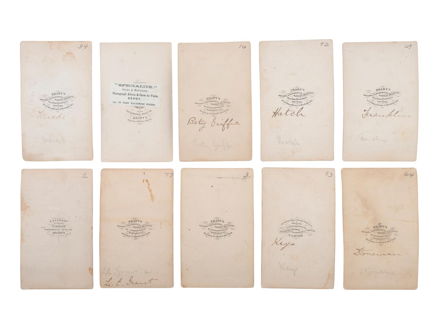 [CIVIL WAR - ARMY OF POTOMAC]. BRADY, Mathew (1822-1896), photographer. A group of 37 CDVs of Union generals, incl. MEADE, FRANKLIN, STONEMAN, BURNSIDE, TYLER, KEYES, GRIFFIN, MARTINDALE, and HATCH, MOH.