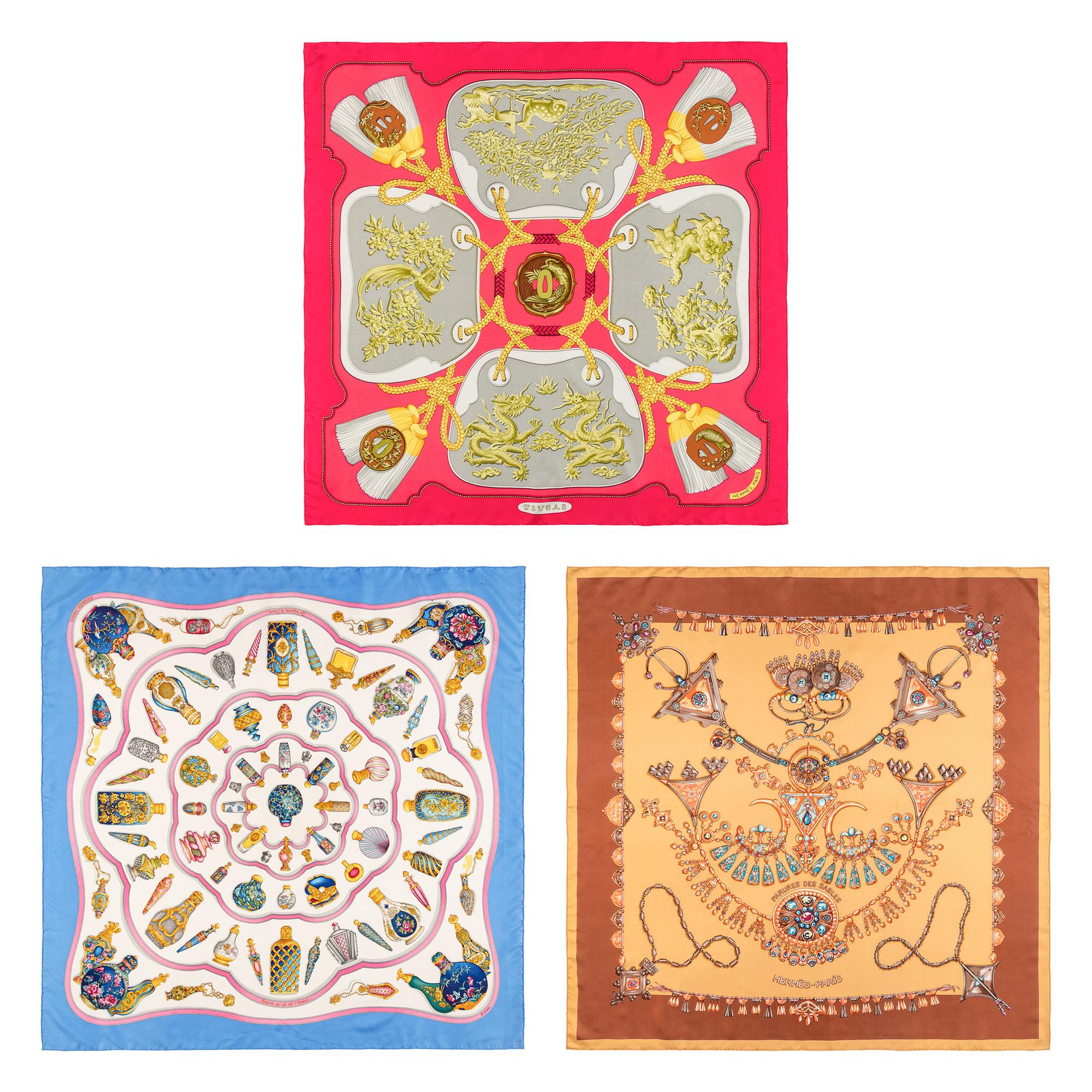 Hermès, Three Printed Silk Scarves 90