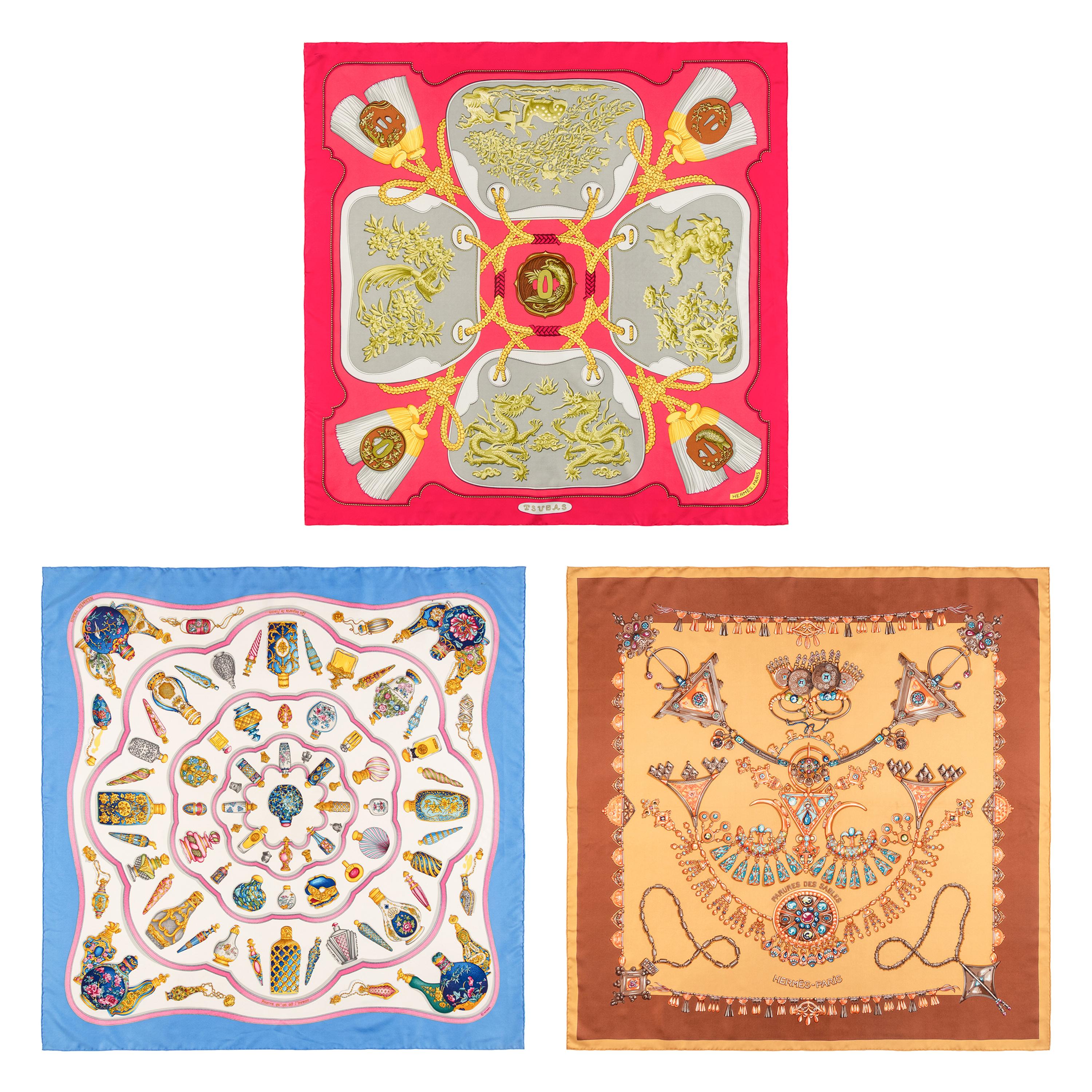 Hermès, Three Printed Silk Scarves 90