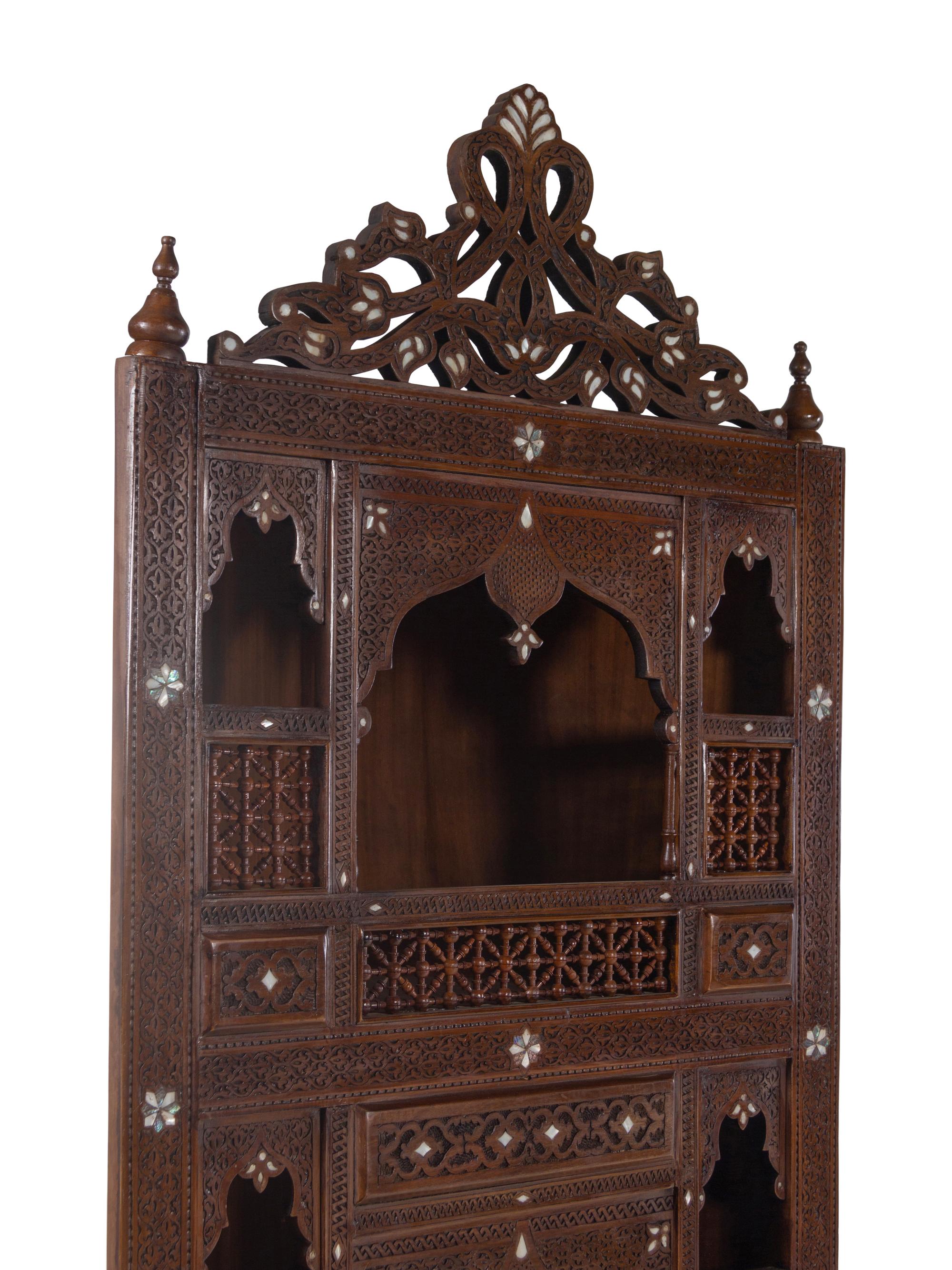 A Pair of Syrian Mother-of-Pearl Inlaid Walnut Corner Cabinets