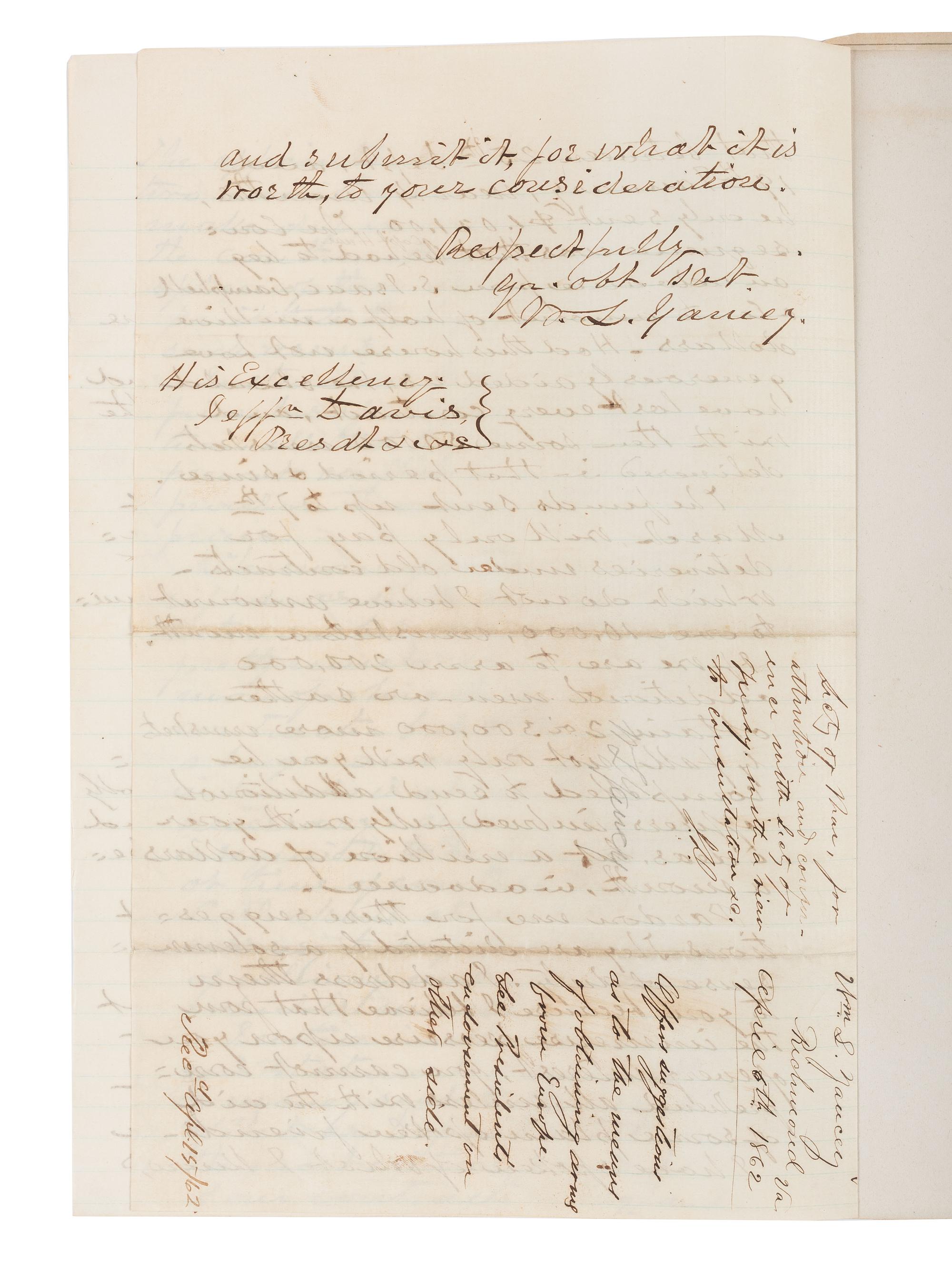 [CIVIL WAR]. YANCEY, William Lowndes (1814-1863). Leader of the Southern "Fire-Eaters." Autograph letter signed ("W.L. Yancey"), to Confederate President Jefferson Davis. Richmond, [VA], 6 April 1862. ENDORSED AND INITIALED BY DAVIS.