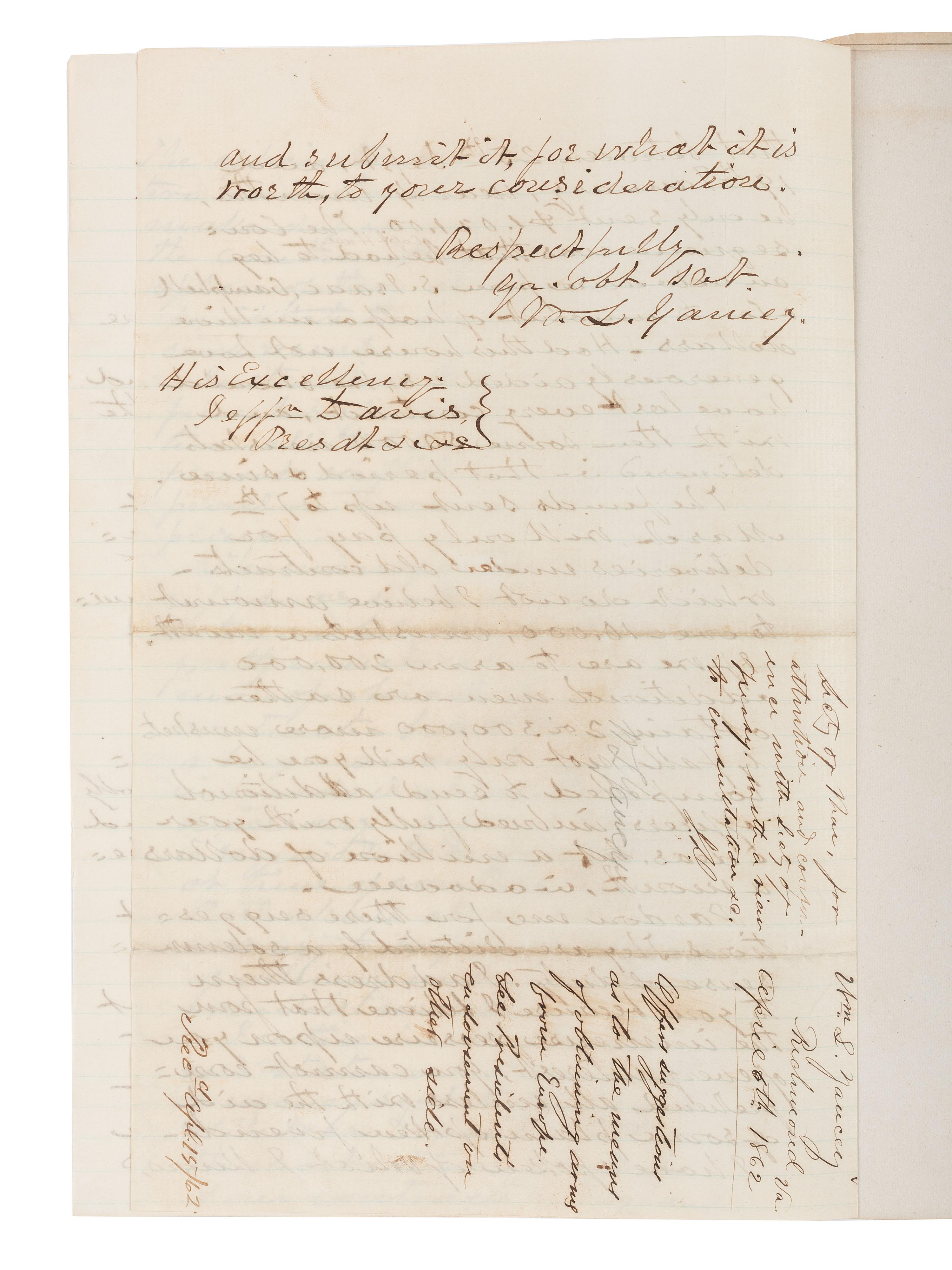 [CIVIL WAR]. YANCEY, William Lowndes (1814-1863). Leader of the Southern "Fire-Eaters." Autograph letter signed ("W.L. Yancey"), to Confederate President Jefferson Davis. Richmond, [VA], 6 April 1862. ENDORSED AND INITIALED BY DAVIS.