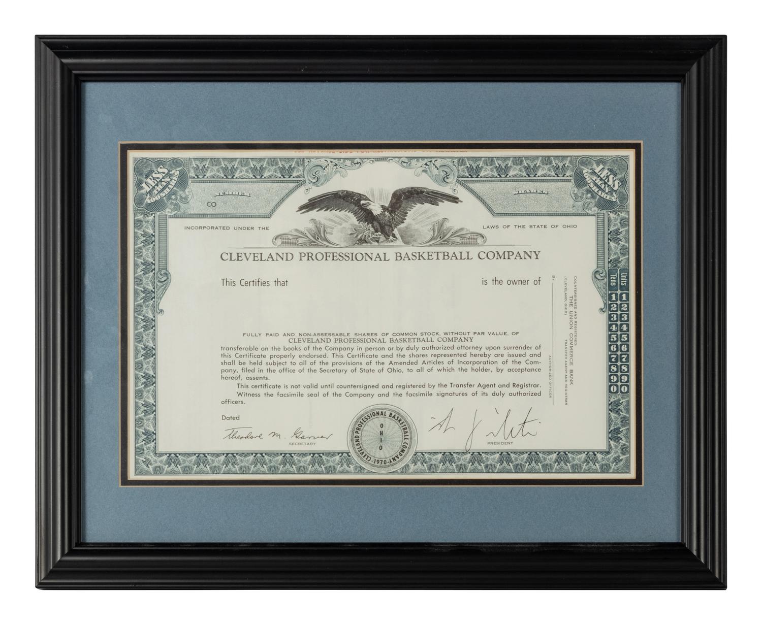 A Cleveland Professional Basketball Company Stock Certificate