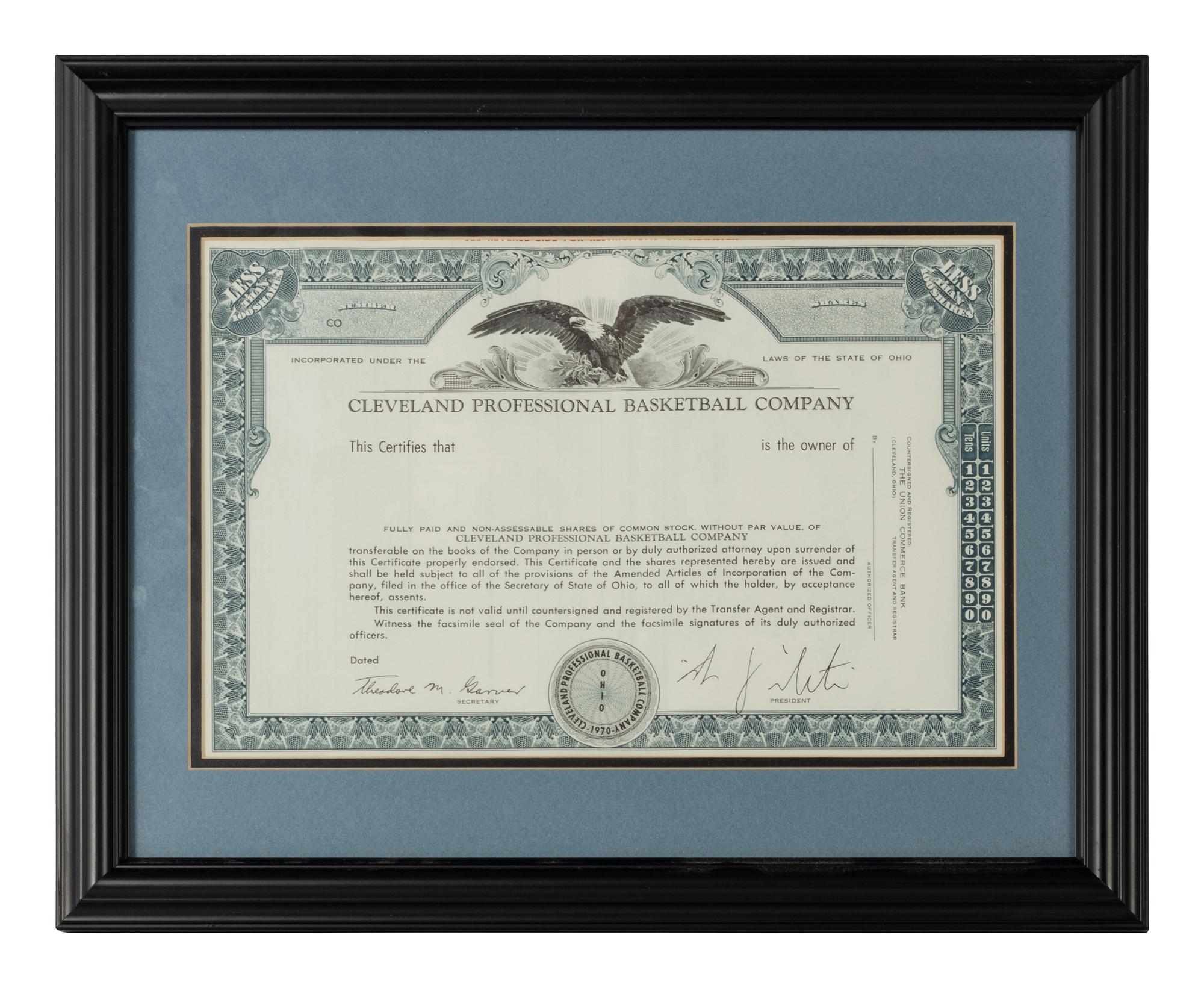 A Cleveland Professional Basketball Company Stock Certificate