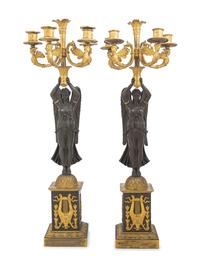 A Pair of Empire Ormolu and Patinated Bronze Figural Five-Light Candelabra