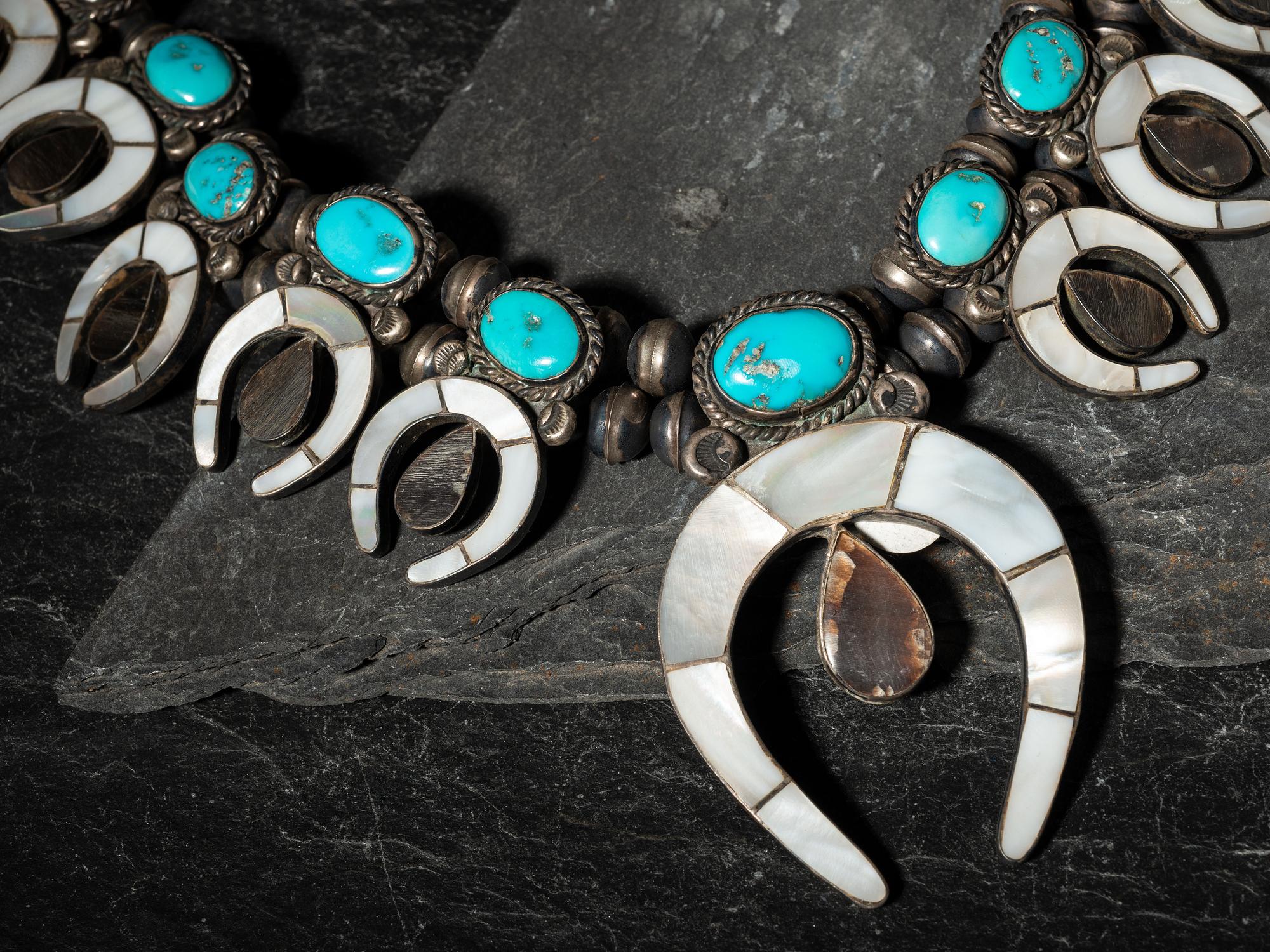 Zuni Channel Inlay Squash Blossom Necklace,
