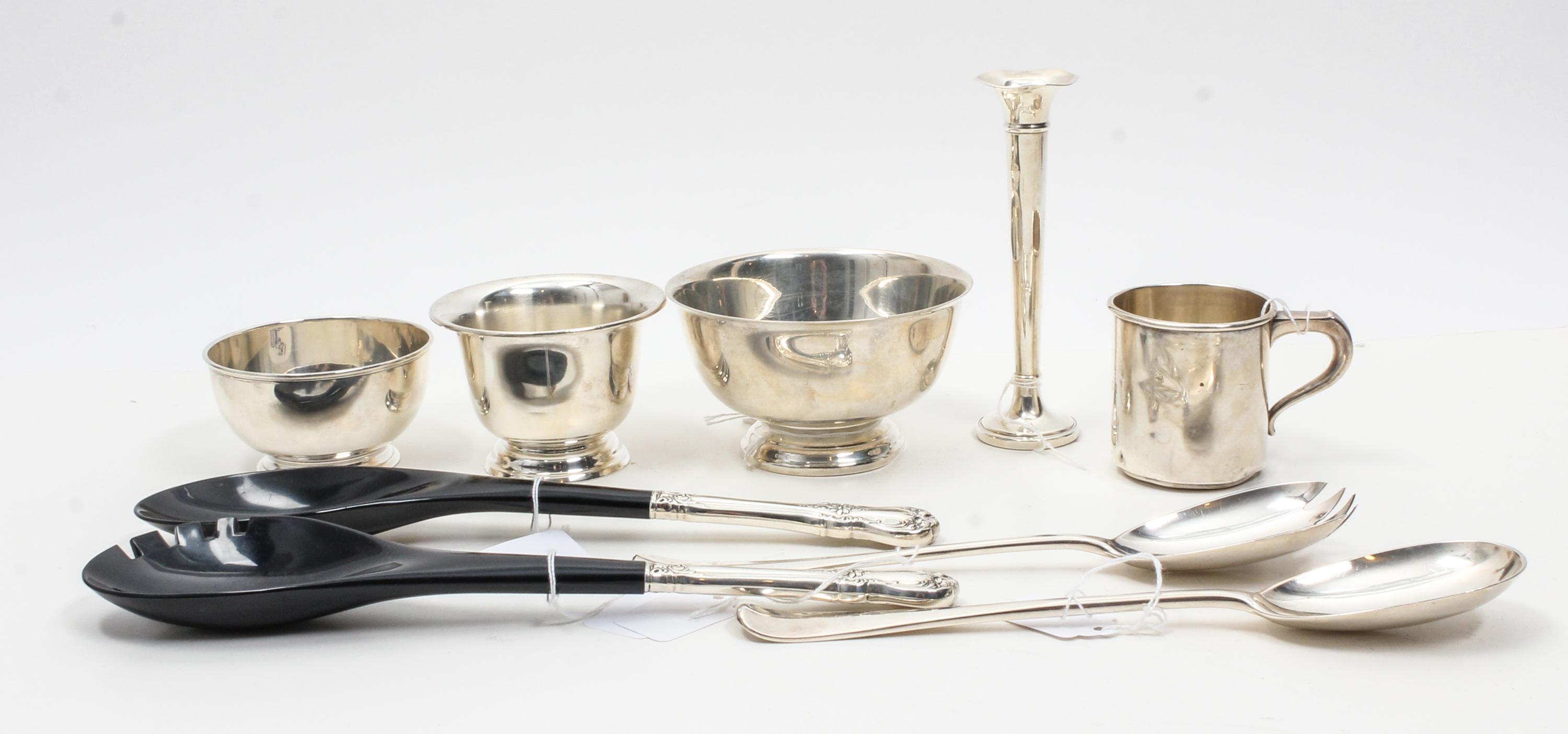 A Collection of Silver Table Articles, various makers, comprising two Revere style bowls, two two-piece salad serving sets, a weighted
