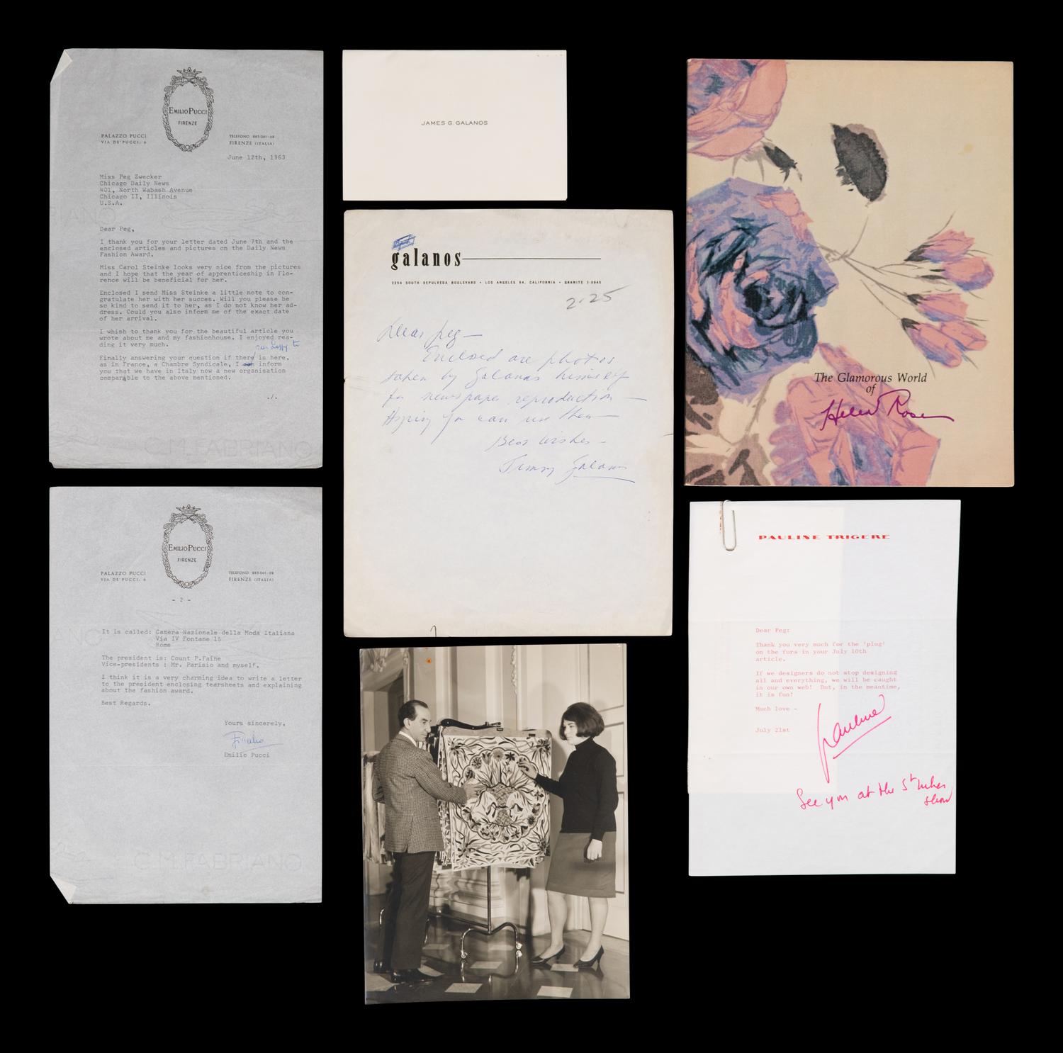 (Fashion) Letters sent to Peg Zwecker by famous fashion designers, comprising:
