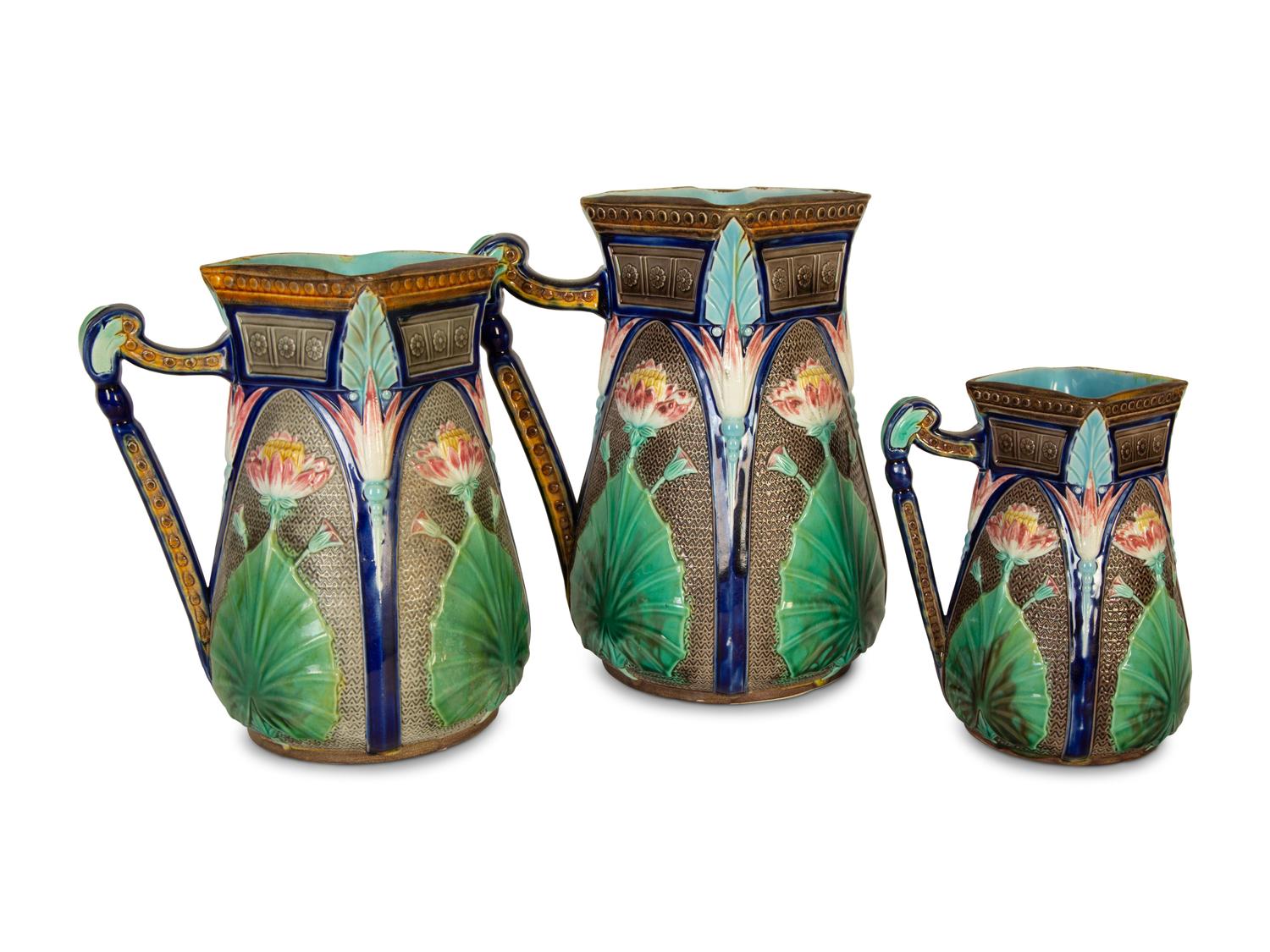 A Set of Three English Copeland Majolica Lotus Jugs — Last-Quarter 19th Century