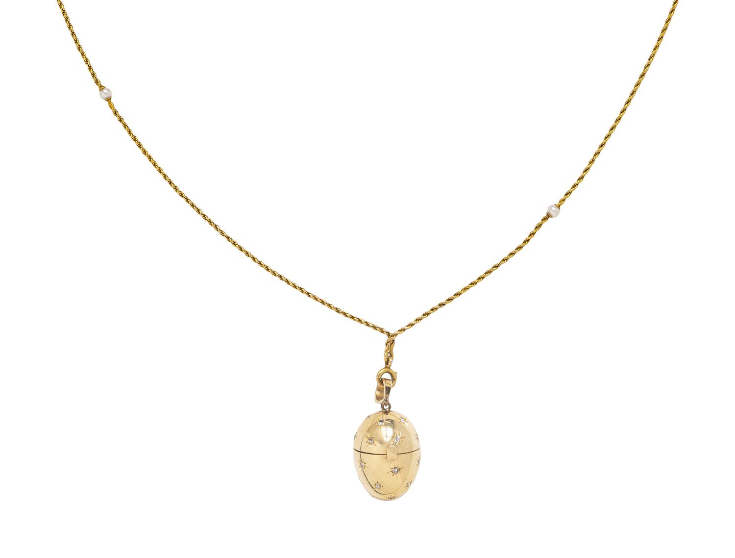 YELLOW GOLD, CULTURED PEARL AND DIAMOND LOCKET/NECKLACE