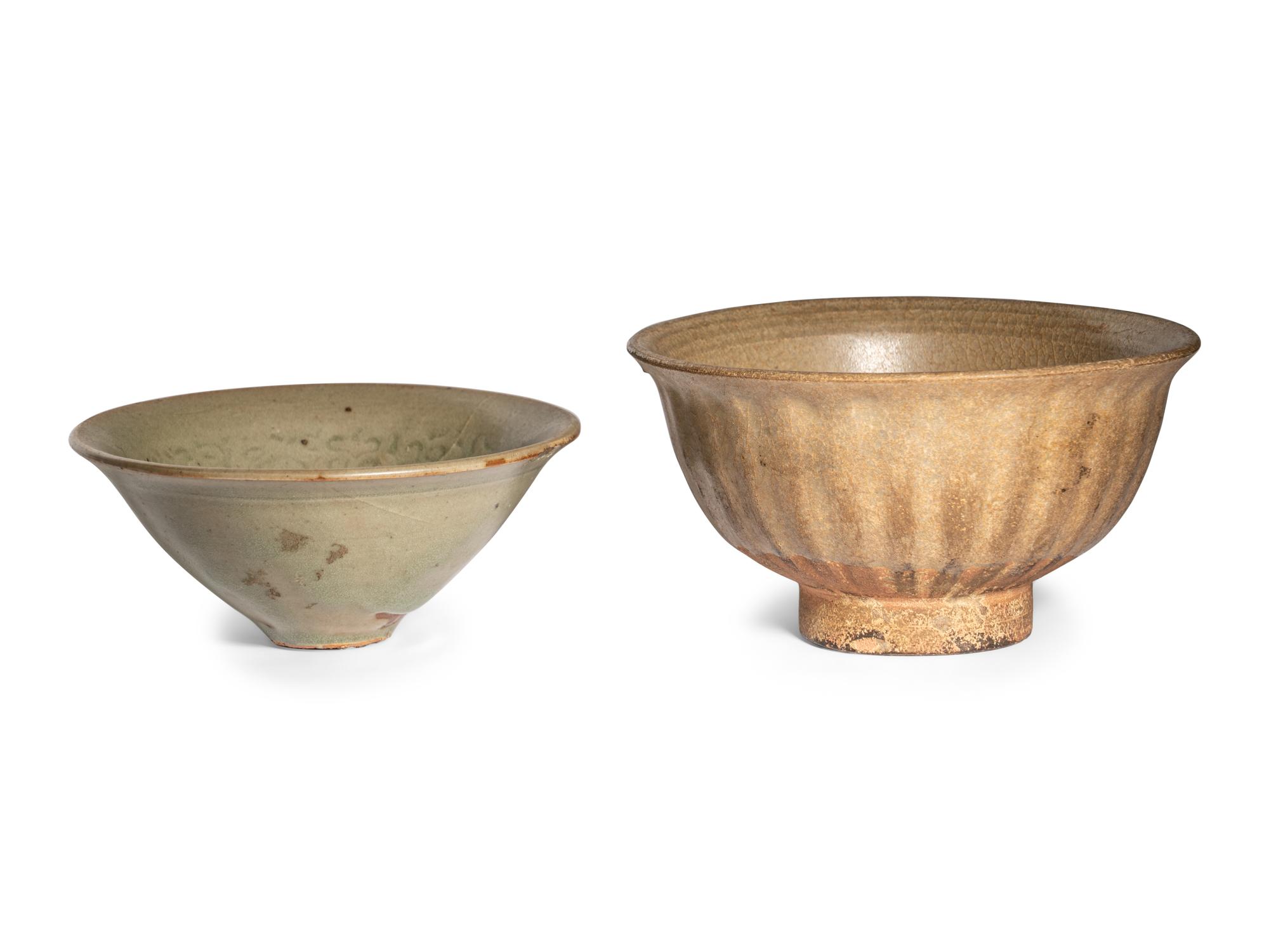 Two Celadon Glazed Porcelain Tea Bowls