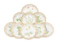 A Group of Eight Royal Copenhagen Flora Danica Reticulated Porcelain Dinner Plates and a Serving Dish
