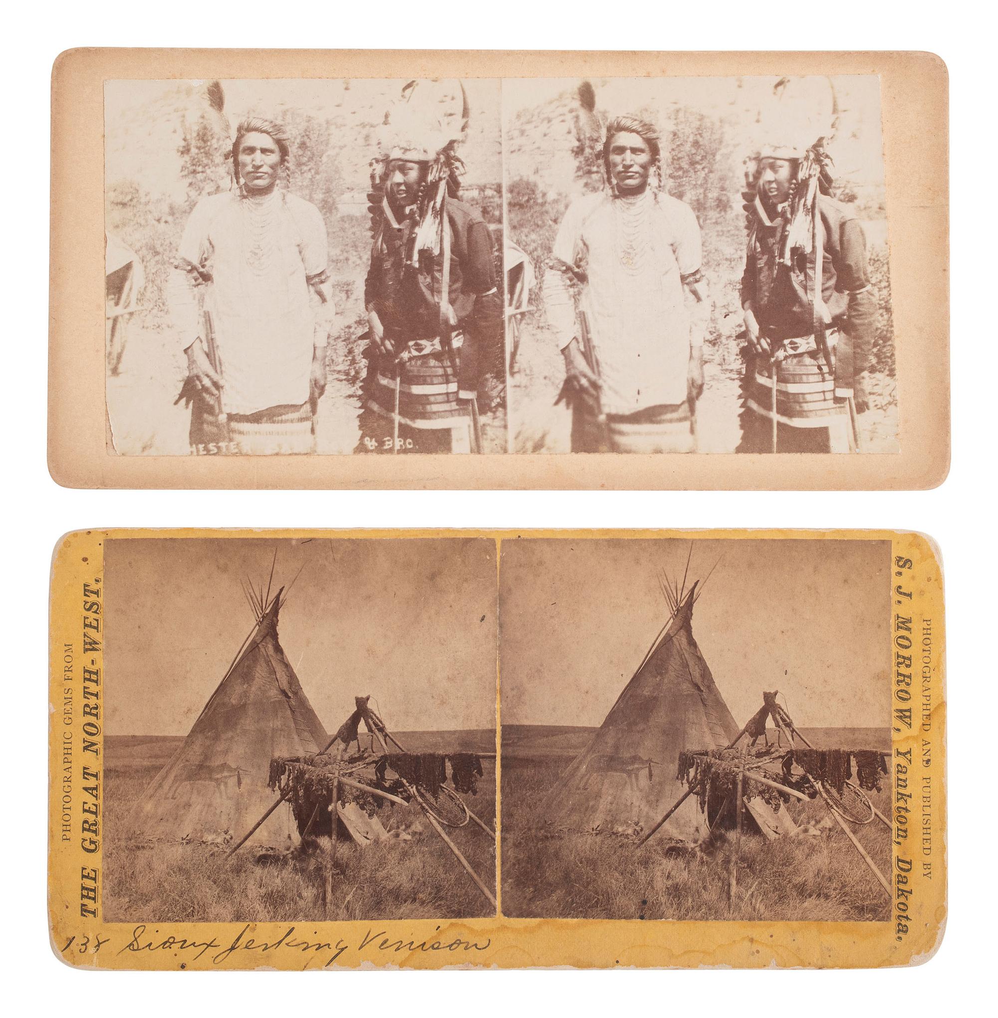 [NATIVE AMERICANS]. 2 stereoviews by RINEHART and MORROW, incl. Sioux Jerking Venison .