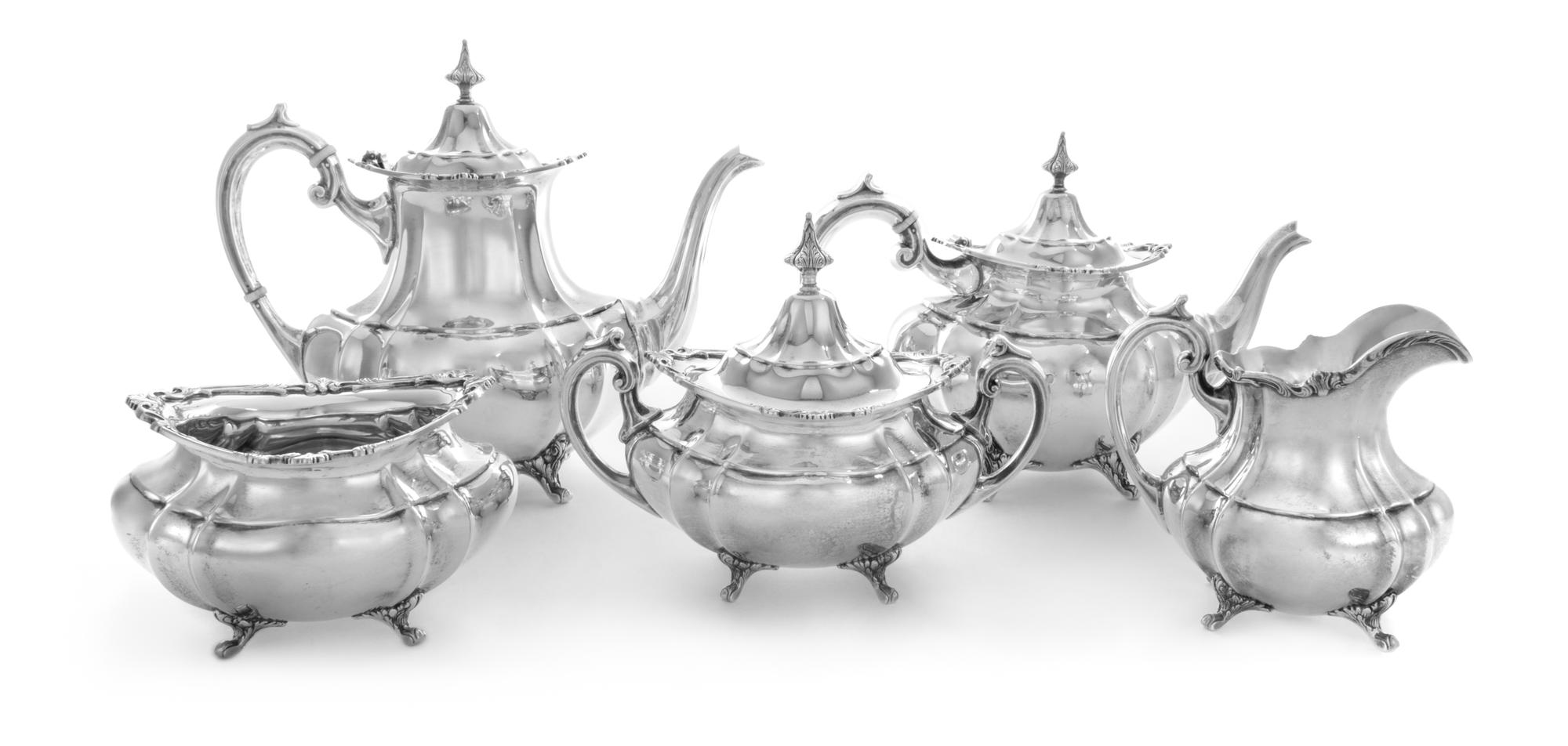 An American Silver Five-Piece Tea and Coffee Service, Reed & Barton, Taunton, MA, Hampton Court pattern, comprising a coffee pot, a tea