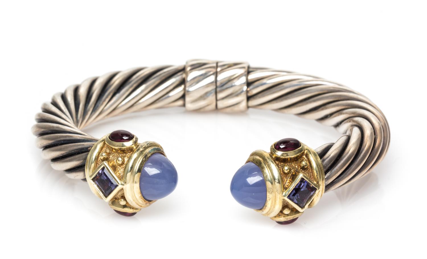 A Sterling Silver, 14 Karat Yellow Gold, Blue Chalcedony, Iolite and Garnet 'Renaissance' Bracelet, David Yurman, 34.00 dwts.