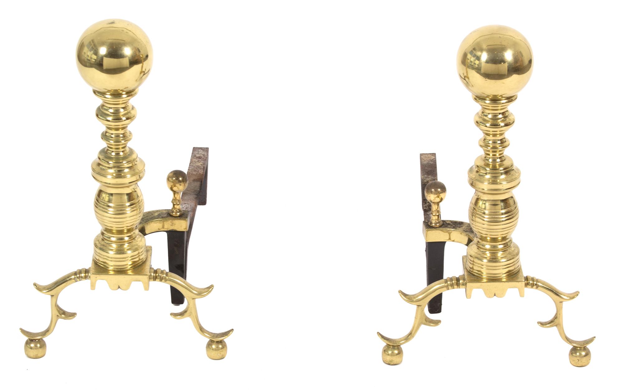 A Pair of American Brass Andirons Height 20 1/2 inches. — 20TH CENTURY