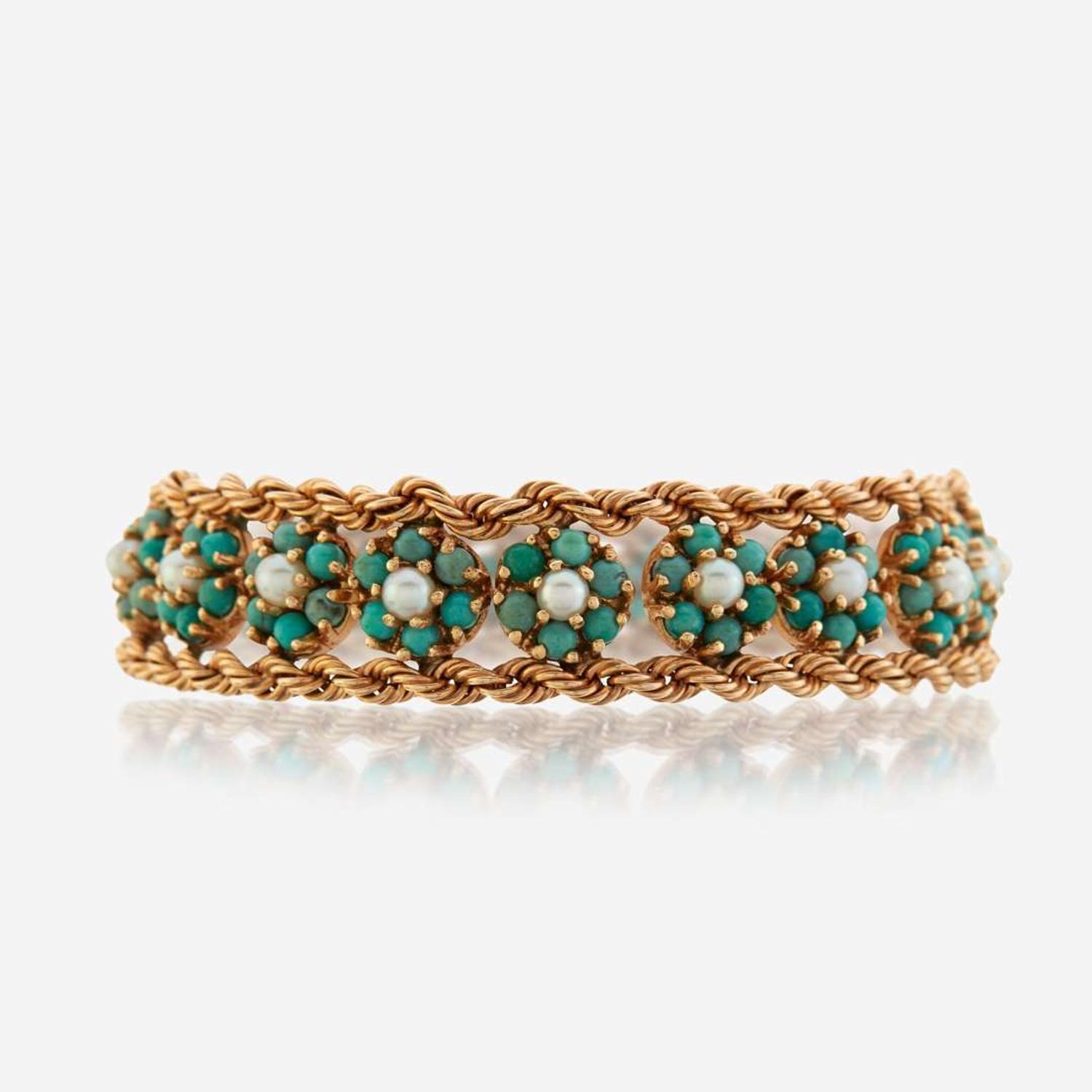 A gold, turquoise, and cultured pearl bracelet