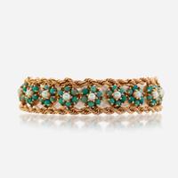 A gold, turquoise, and cultured pearl bracelet