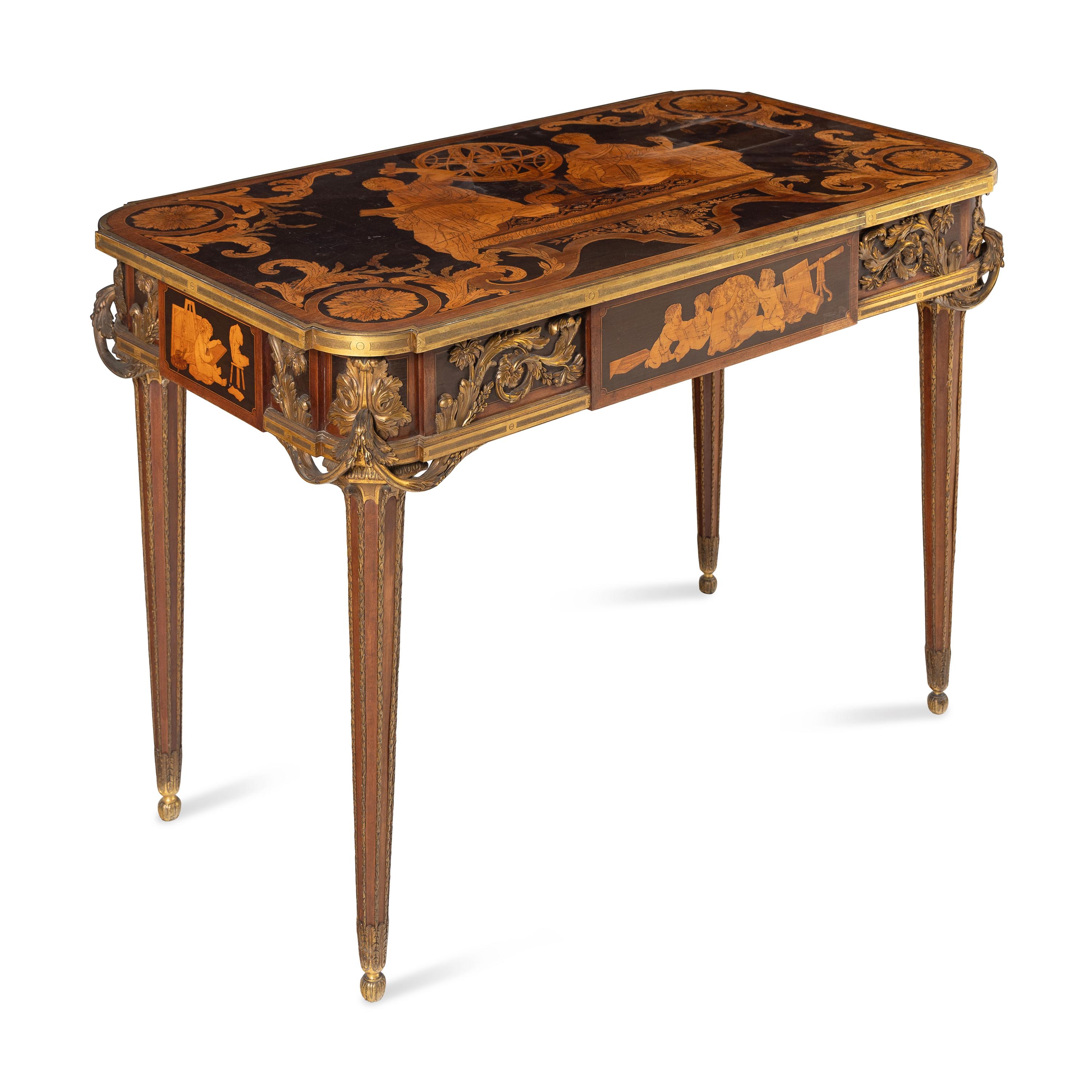 A Louis XVI Style Marquetry and Gilt Bronze Mounted Occasional Table