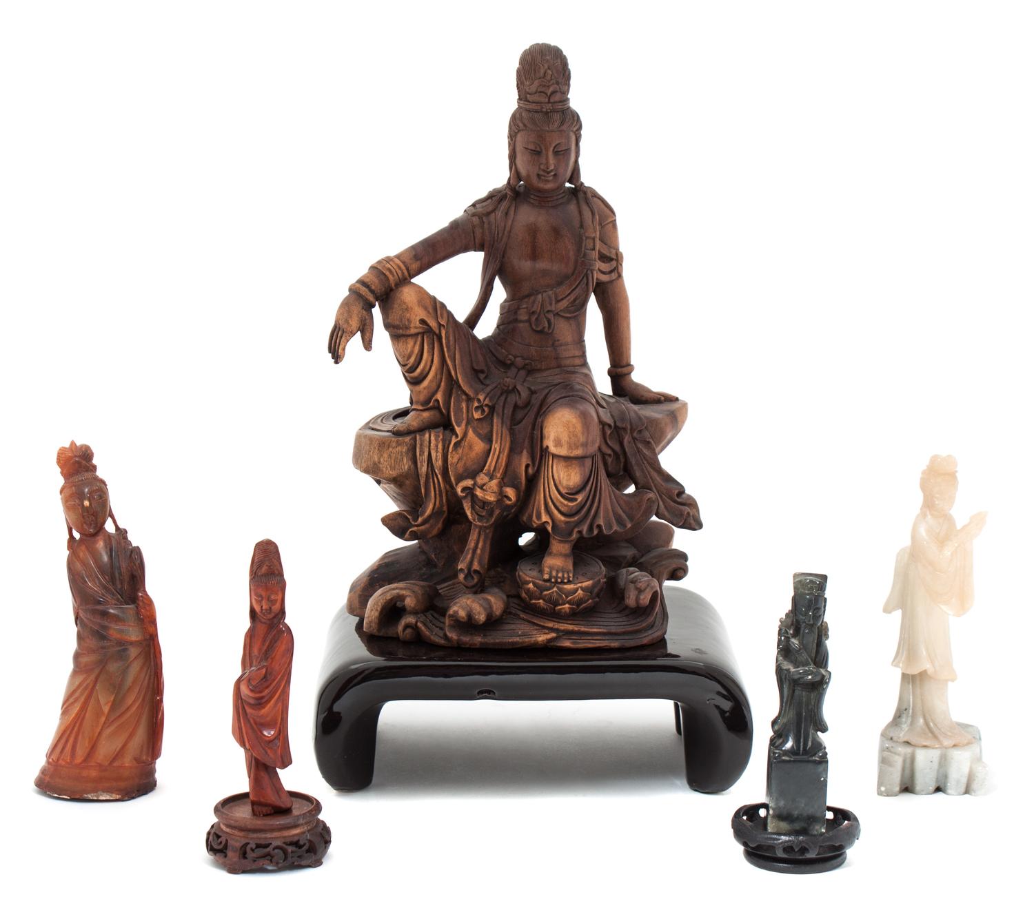 A Group of Five Chinese Hardstone and Wood Figures Height of tallest 9 3/4 inches. — 20TH CENTURY