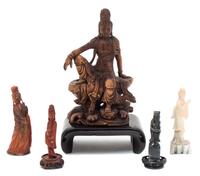 A Group of Five Chinese Hardstone and Wood Figures Height of tallest 9 3/4 inches. — 20TH CENTURY