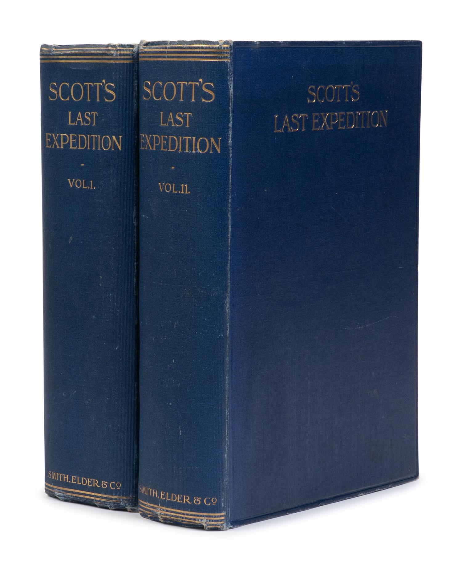 [TRAVEL & EXPLORATION]. [SCOTT, Robert Falcon (1868-1912)]. Scott's Last Expedition: In Two Volumes: Vol. I. Being the Journals of Captain R. F. Scott, R.N., C.V.O. Vol. II. Being the Reports of the Journeys & the Scientific Work Undertaken by Dr. E. A Wilson and Surviving Members of the Expedition . London: Smith, Elder, & Co., 1913.