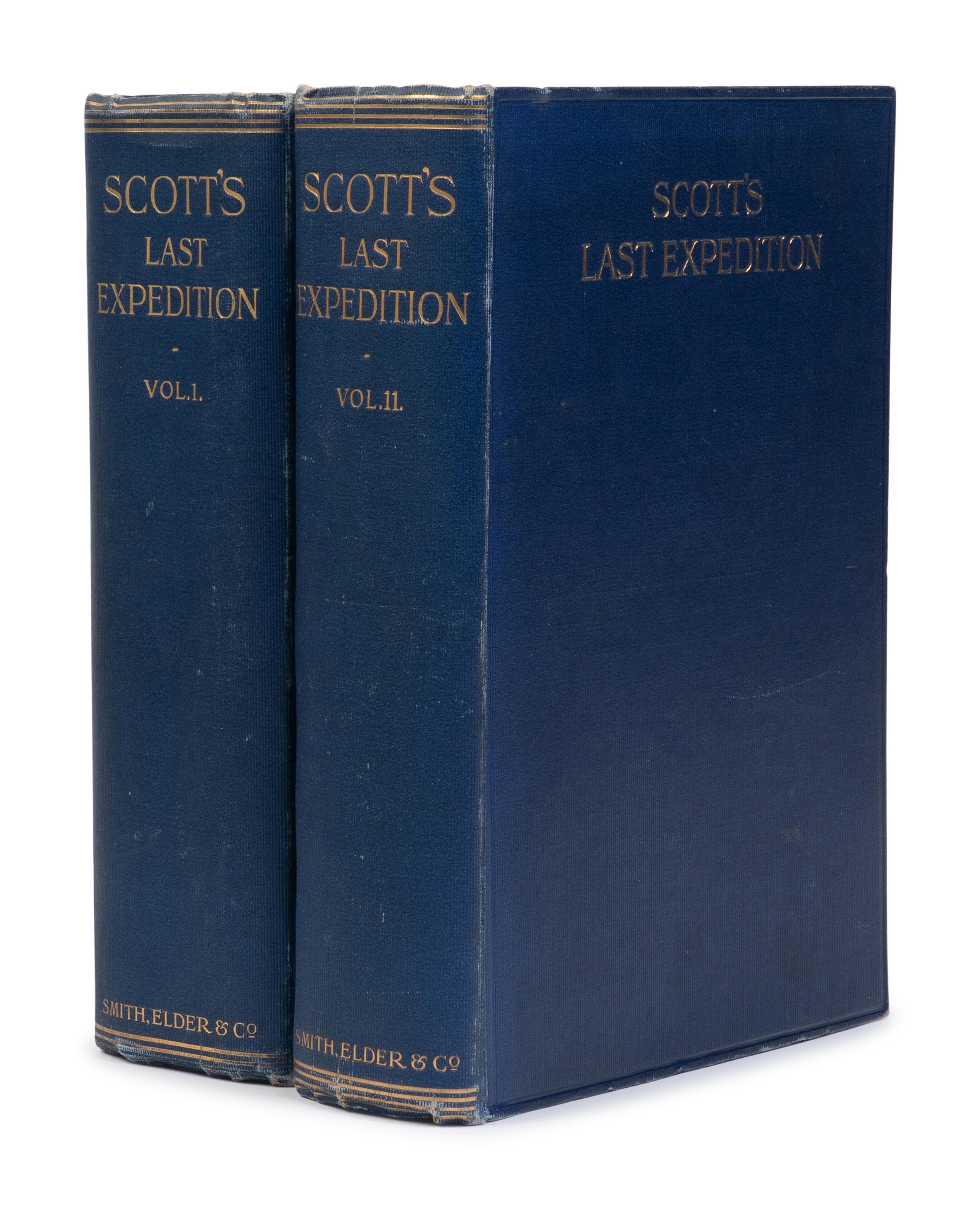 [TRAVEL & EXPLORATION]. [SCOTT, Robert Falcon (1868-1912)]. Scott's Last Expedition: In Two Volumes: Vol. I. Being the Journals of Captain R. F. Scott, R.N., C.V.O. Vol. II. Being the Reports of the Journeys & the Scientific Work Undertaken by Dr. E. A Wilson and Surviving Members of the Expedition . London: Smith, Elder, & Co., 1913.