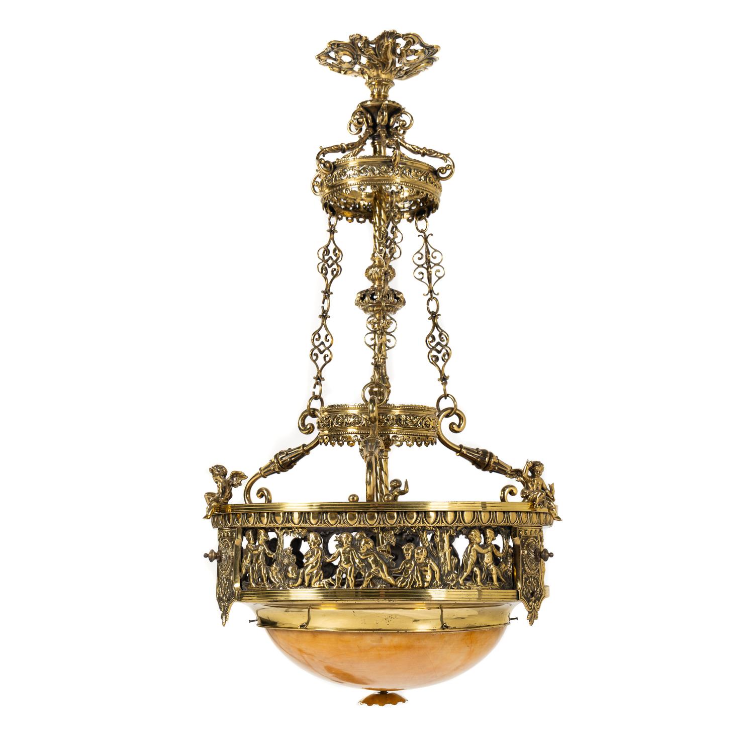 A Neoclassical Style Gilt Bronze and Alabaster Chandelier